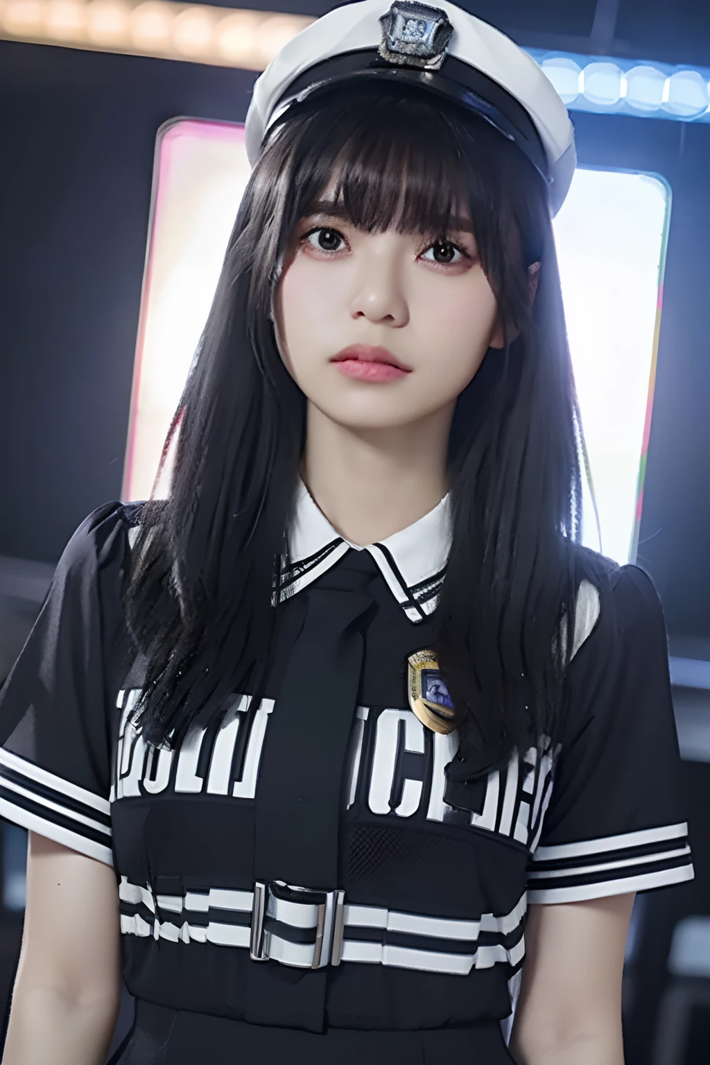 (8k, RAW photo, best quality, mastery:1.3), (realistic, photo-realistic:1.37), (looking viewer:1.331), (white hair), posing, Tokyo street, nightcityscape, cyberpunk city, soft light, 1girl, extremely beautiful face , Perfect body proportions, (small face: 1.1), bust, casual hairstyle, smile, big eyes, (short sleeves JK_shirt), JK_style, (navy JK_skirt), (bow JK_tie), mix4, detailed eyes