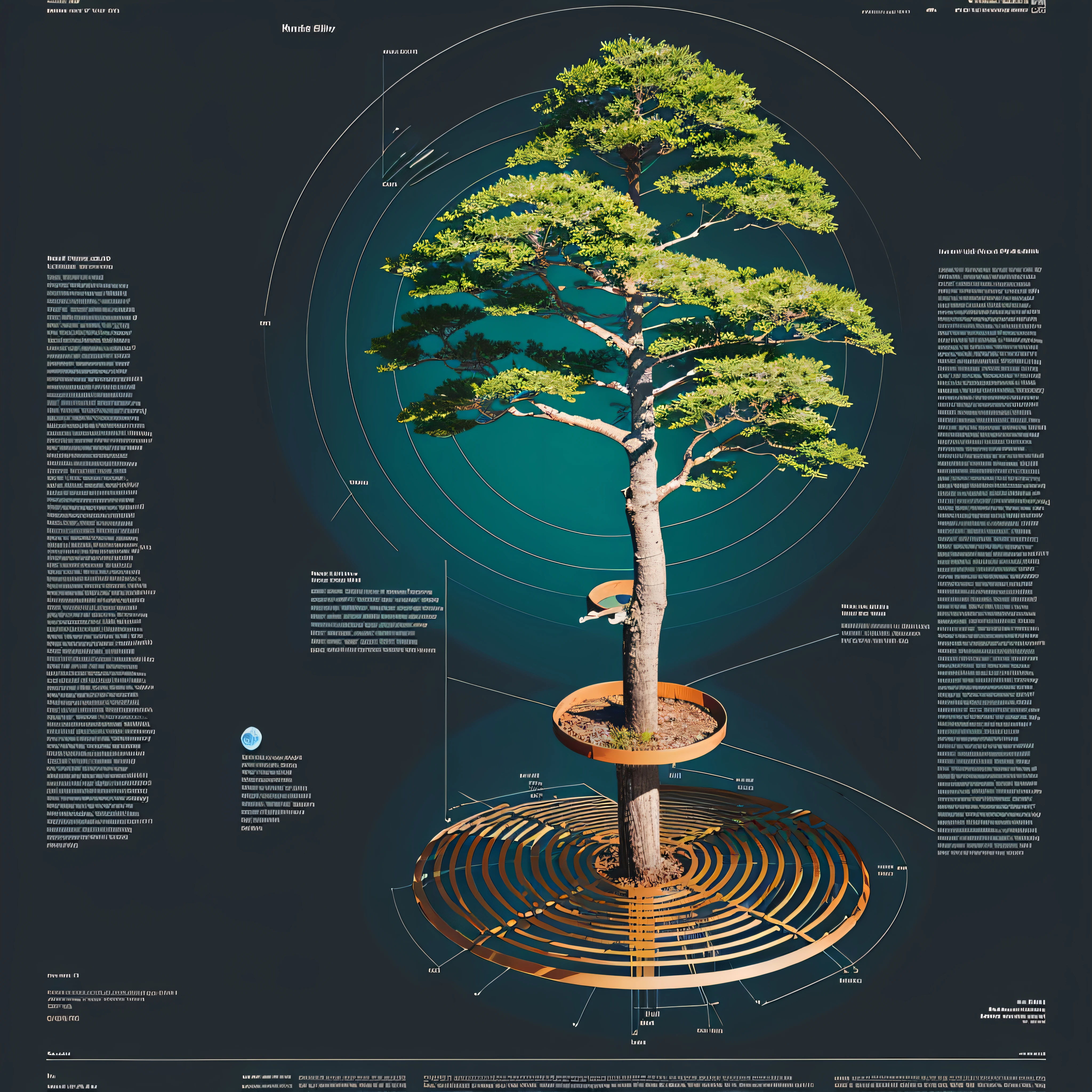 circular oak tree, symetrical, xray of the underground soil with dead leaves, vibrant and beautiful green leaves on the top, owl hole in the trunk, blue print, disassembly diagram, it should look like a patch, in a circle