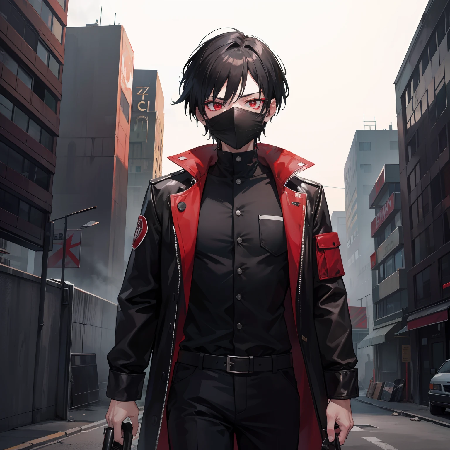 of a guy，rogue，with short black hair，red eyes，There is a mask on the side，Mafia clothes，In an empty apocalyptic city