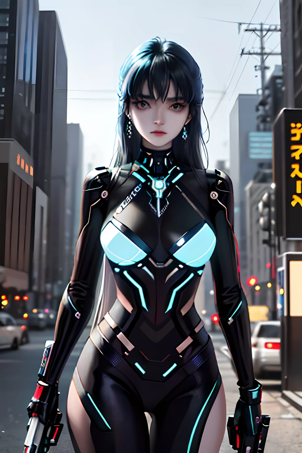 In a dystopian cityscape with flashing neon lights, In flickering holographic billboards and towering metal structures, Standing an extraordinary young woman,She seems to embody grace and strength. Her striking appearance immediately attracted attention,Because her long hair pours down in light blue and black tones, Sparkling like a string of stardust. Her skin, With a subtle metallic sheen, Hint at a world where technology and biology are intertwined in unimaginable ways. Decorated with intricate jewelry,It glows softly under embedded nanolight, She exudes elegance,In stark contrast to the gritty urban environment that surrounds it。. Delicate earrings hang down from her ears, Each piece is a miniature work of art, It embodies the fusion of artistry and advanced craftsmanship,Define her era. inca, What really caught the eye was the futuristic gray gun in her hand,Both familiar and respectful. guns, The embodiment of cutting-edge engineering, Sleek lines and modular design,It hints at its adaptability to various combat scenarios. Its metal surface integrates seamlessly with the advanced nanotechnology interface on her wrist, Form a symbiotic relationship between women and weapons. Unique in this unforgiving world, She seems undaunted by the challenges around her. Her eyes, A combination of determination and contemplation, Betrayal a story of resilience and courage. Not just a woman with a gun; She is a symbol of humanity's indomitable spirit, Perseverance in the face of adversity. When the city buzzes,The muffled roar of machinery and the distant echoes of changing societies, She still shows a personal ability to adapt, survive, Thrive even in the most uncertain future.