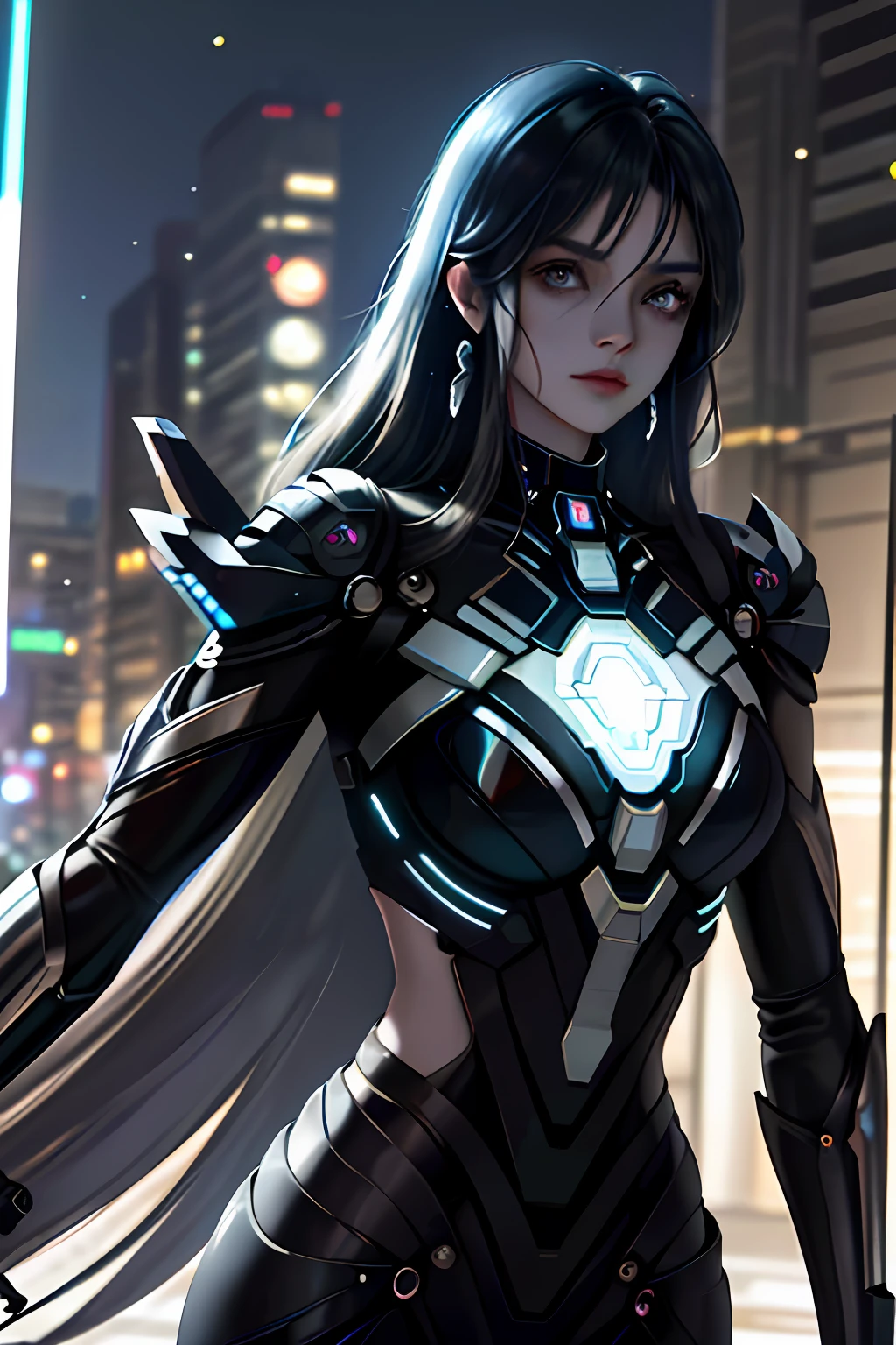 In a dystopian cityscape with flashing neon lights, In flickering holographic billboards and towering metal structures, Standing an extraordinary young woman，She seems to embody grace and strength. Her striking appearance immediately attracted attention，Because her long hair pours down in light blue and black tones, Sparkling like a string of stardust. Her skin, With a subtle metallic sheen, Hint at a world where technology and biology are intertwined in unimaginable ways. Decorated with intricate jewelry，It glows softly under embedded nanolight, She exudes elegance，In stark contrast to the gritty urban environment that surrounds it。. Delicate earrings hang down from her ears, Each piece is a miniature work of art, It embodies the fusion of artistry and advanced craftsmanship，Define her era. inca, What really caught the eye was the futuristic gray gun in her hand，Both familiar and respectful. guns, The embodiment of cutting-edge engineering, Sleek lines and modular design，It hints at its adaptability to various combat scenarios. Its metal surface integrates seamlessly with the advanced nanotechnology interface on her wrist, Form a symbiotic relationship between women and weapons. Unique in this unforgiving world, She seems undaunted by the challenges around her. Her eyes, A combination of determination and contemplation, Betrayal a story of resilience and courage. Not just a woman with a gun; She is a symbol of humanity's indomitable spirit, Perseverance in the face of adversity. When the city buzzes，The muffled roar of machinery and the distant echoes of changing societies, She still shows a personal ability to adapt, survive, Thrive even in the most uncertain future.