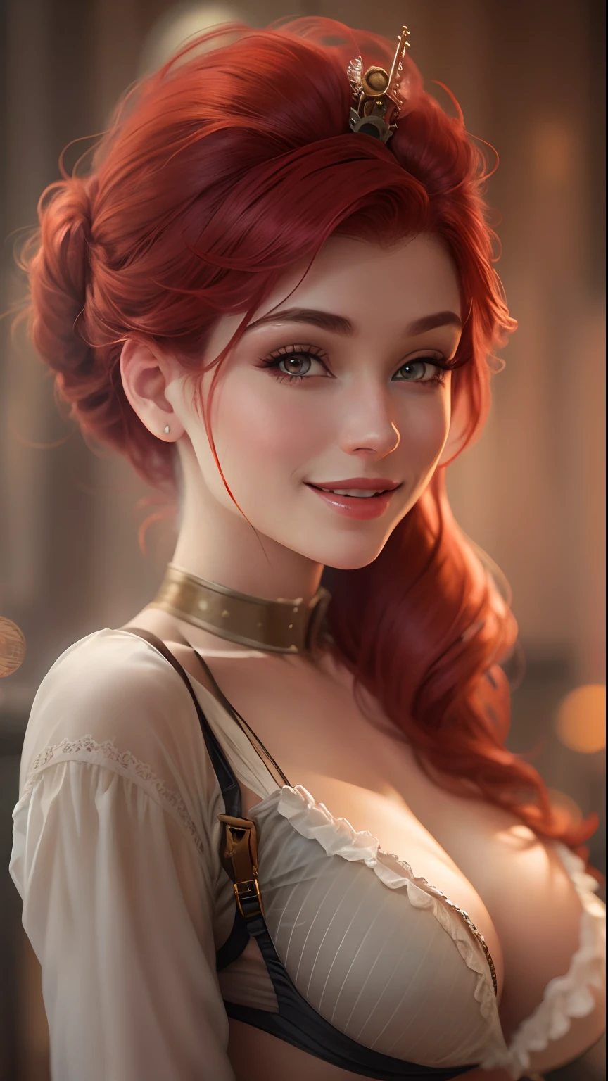 beautiful girl, perfect ass, transparent lingerie, red hair, perfect breasts, (ussr, russia), cinematic, masterpiece, steampunk, seductive smile