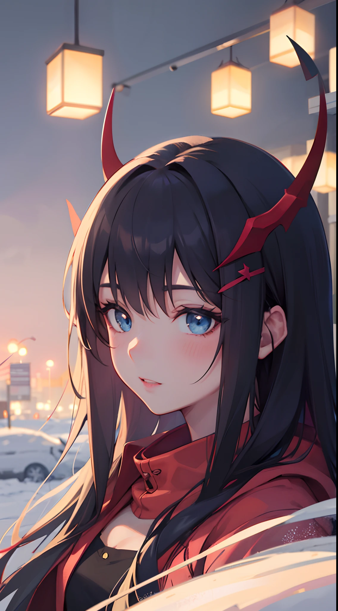 Anime with horned girl with long hair and blue eyes in winter scene, Art is not Guvitz's style, Guviz, Stunning anime face portrait, Cute anime portrait, 4K anime style, Detailed digital anime art, detailed portrait of an anime girl, Guweiz on ArtStation Pixiv, Digital anime art, Güvez on Pisif Art Station
