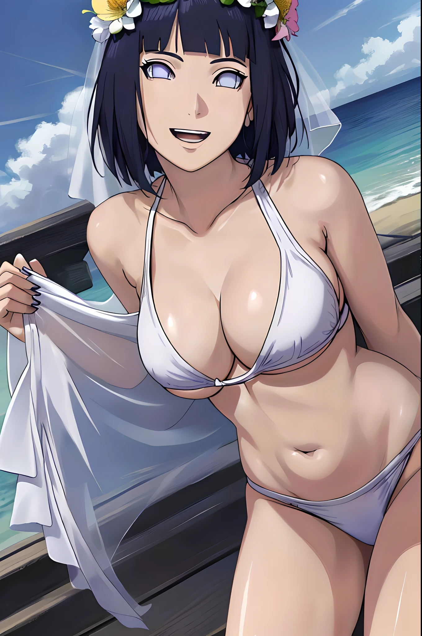 (WALLPAPER, masterpiece, 1k, anime style:1.9, ( detailed beach background, looking at viewer, big breasts, big boobs, open mouth, high color saturation, bold lines, bold drawing lines, (strong arms, flat belly, groin, hands behind back), detailed bold arm lines), (strong arms), strong light on body, plain, bare body, (large breasts, perky boobs), minimum clothing, taking off shirt, bare shoulders, bare chest, polished nails, seductive, (very tight plain white micro bikini, wedding veil, white flower wedding crown), no shirt, showing off), hinata\(boruto\), mature female, sunbathing, milf, (curvy:0.8), solo, (short hair, hime cut), (dark blue hair color:1.1), white, flat belly, perfect eyes, white sciera, white eyes, anime eyes, smoky eyeliner, eyeshadow, perfect face, shy, sharp focus, professional artwork, intricate details, colorful, vibrant colors, vivid colors, digital blending, ultra detailed body, ultra detail hair, ultra detail face, trending on pixiv, smile, happy, very hot colors, sunny day, outdoor,