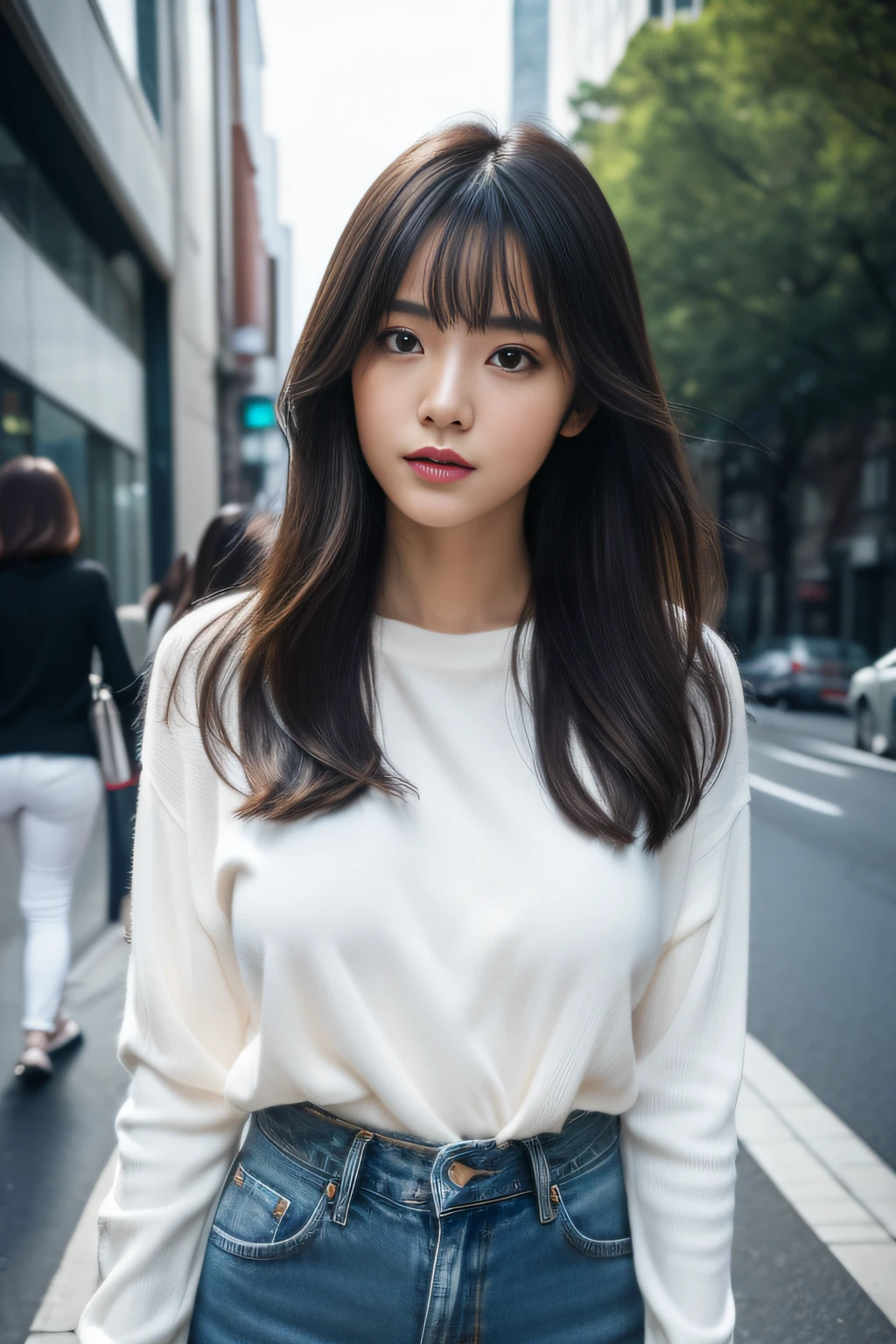 (masterpiece、top-quality、high-level image quality、ultra res,in 8K), (Raw foto:1.2), (Photorealsitic:1.4), (Beautiful woman,Sexy actress,japanes、Cool Beauty、late 20s age、Alone、Female detective in plain clothes),(It's cool.)、((Black jumper、White thin shirt、jeans))、Noisy city、the met、Leaning against the building and standing cool、length hair、Clear eyes、Double eyelids、Colossal tits、Beautiful skin、natta、Suspense drama、