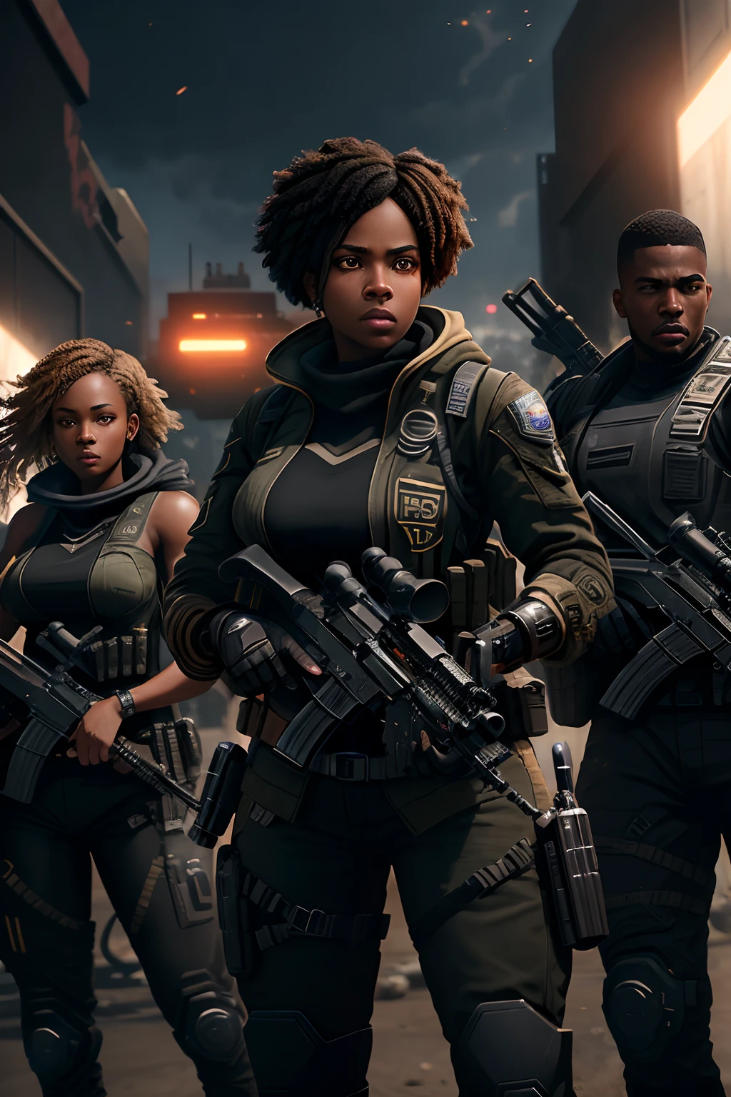 Elite squad of two black women and two black men all holding guns, photorealistic image, 8k, ultra HD, unreal engine rendered, cinematic lighting, artgerm style,