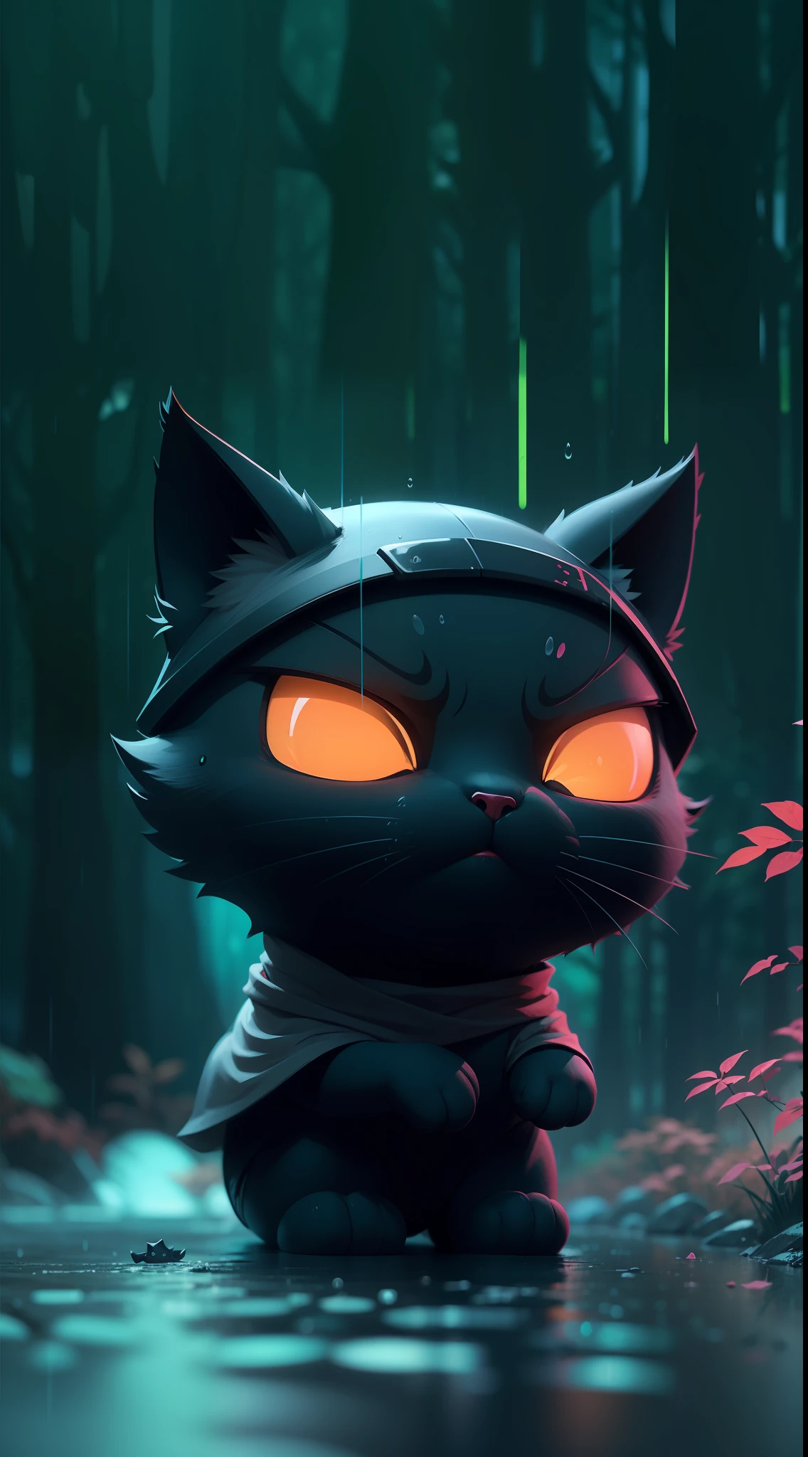 Create a vibrant dark fantasy cute ninja CAT in a clean-lined minimalistic cartoon style, in the background a beautiful forest, rain, octane render, 8k