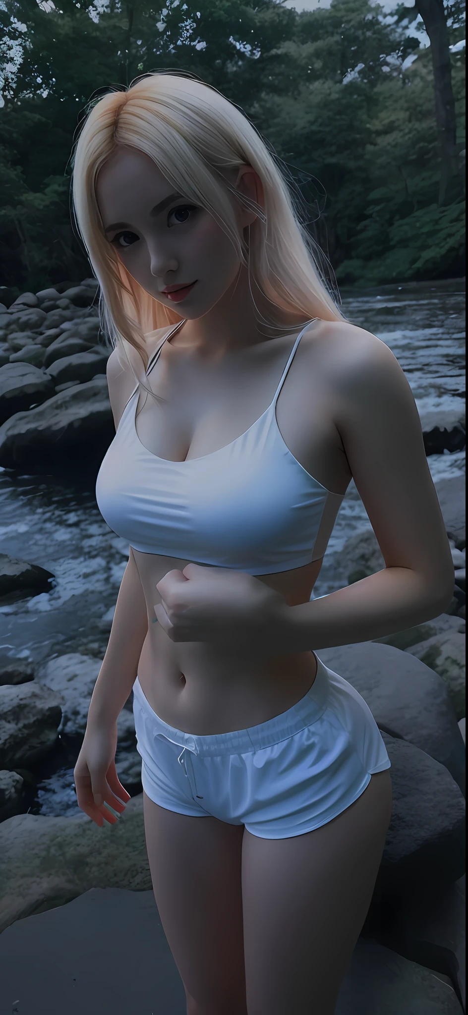 Beautiful blonde woman in white top and shorts standing on stones, ao lado de uma cachoeira, mais conhecido como Amouranth, Amouranth, Deusa loira, Parte superior do corpo bonita, jovem Amouranth bonito, peito lateral, ao lado de um rio, alexa grace, revelando roupas, Bonito midriff, in water up to her shoulders, corpo sexy