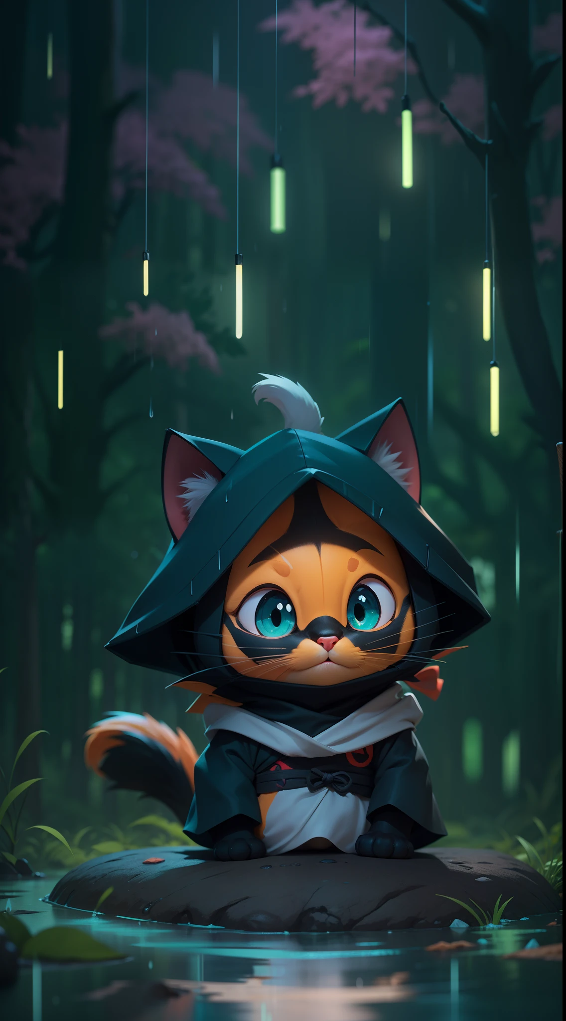 Create a vibrant dark fantasy cute ninja CAT in a clean-lined minimalistic cartoon style, in the background a beautiful forest, rain, octane render, 8k