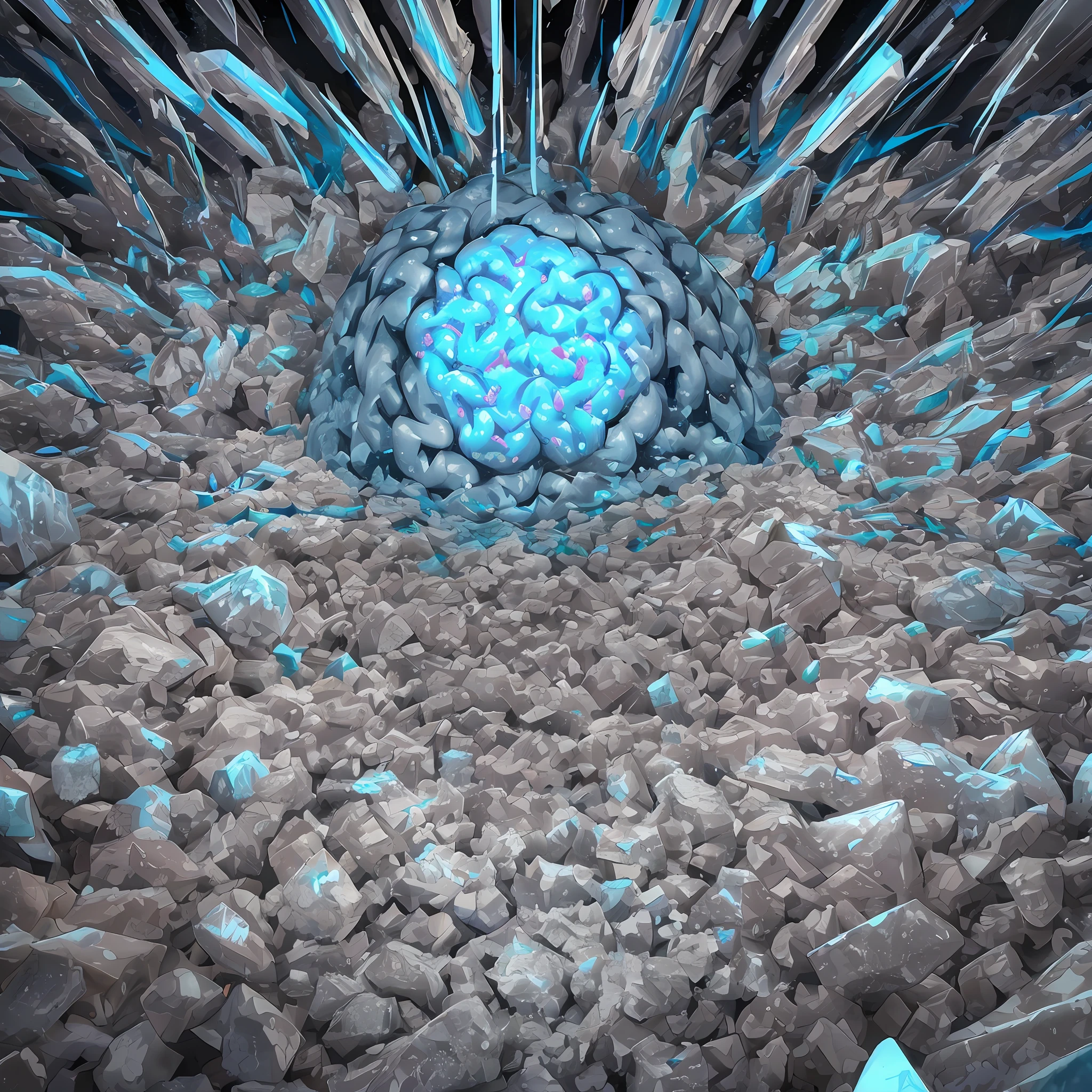 Por favor, Create a visual representation that illustrates a human brain being gradually eroded and destroyed by sugar crystals. Imagine a detailed and realistic brain, com suas dobras e estruturas bem definidas, being slowly enveloped by white sugar crystals. Sugar crystals should cluster around areas of the brain related to cognition and thinking, creating an appearance of deterioration. The surrounding setting may be an abstract representation of the brain environment, with synapses and neural connections breaking down due to the influence of sugar. A paleta de cores deve ser dominada por tons de branco, silver and gray for the brain, contrasting with the vivid, translucent glow of the sugar crystals. This image should visually convey the idea of how excess sugar can negatively affect cognitive functioning and brain health
