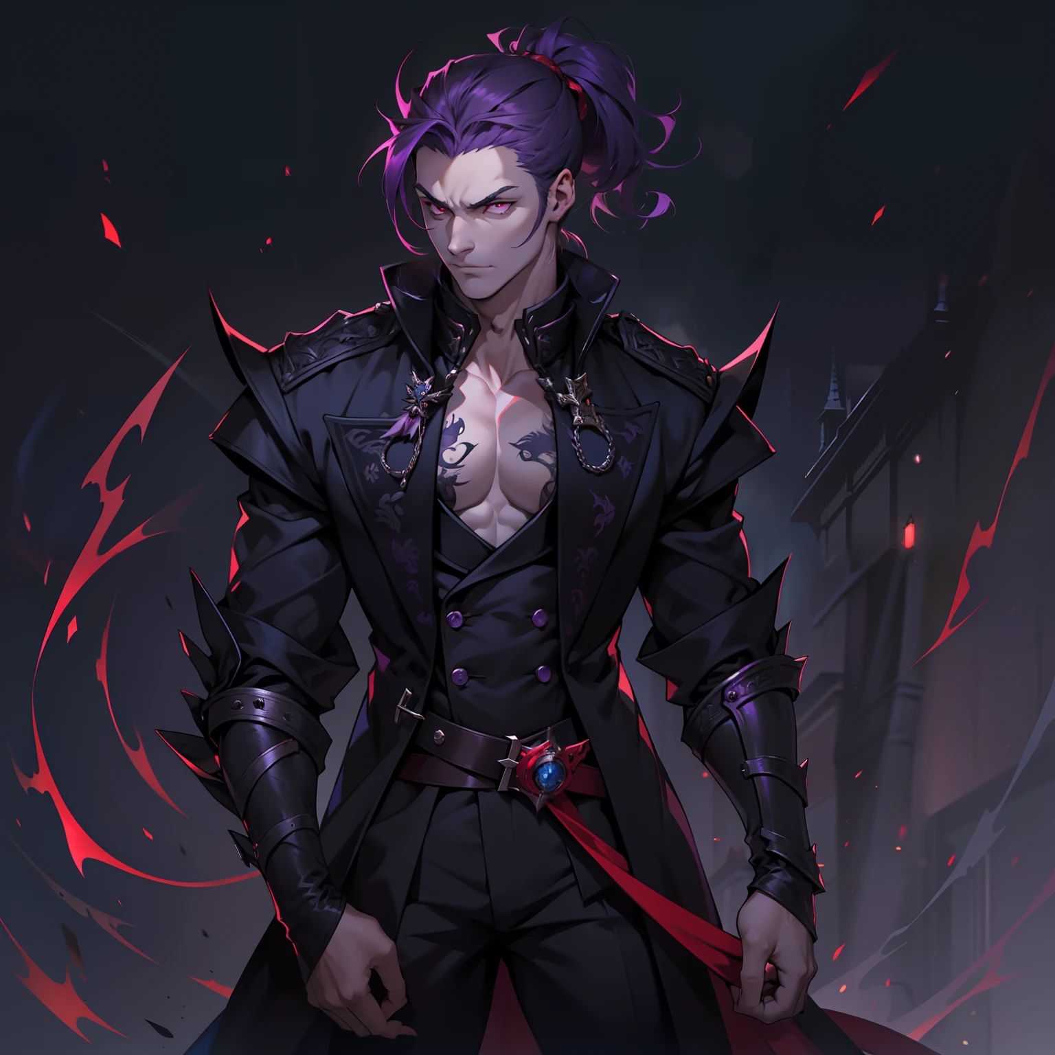 like all the demon princes, I am quite tall. I have purple hair tied back in a ponytail, and red eyes with sharp silver pupils. I wear fine clothes, as befits a prince of Hell, though they are always black. My demeanor is haughty, arrogant, and superior to others. I carry myself with confidence and a sense of pride that is unrivaled. When I speak, my words are sharp and my voice is powerful. I am the embodiment of pride and arrogance. handsome male, bara, muscular (8k) (good quality) dark purple hair. Red eyes.