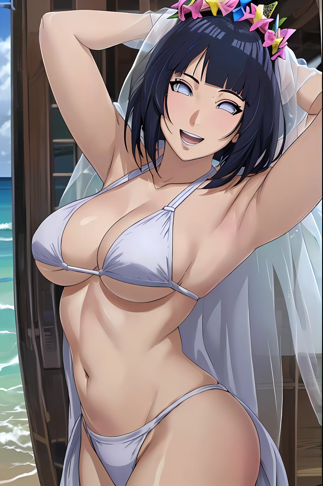 (WALLPAPER, masterpiece, 1k, anime style:1.9, ( detailed beach background, looking at viewer, big breasts, big boobs, open mouth, high color saturation, bold lines, bold drawing lines, (strong arms, flat belly, groin, hands behind back), detailed bold arm lines), (strong arms), strong light on body, plain, bare body, (large breasts, perky boobs), minimum clothing, taking off shirt, bare shoulders, bare chest, polished nails, seductive, (very tight plain white micro bikini, wedding veil, white flower wedding crown), no shirt, showing off), hinata\(boruto\), mature female, sunbathing, milf, (curvy:0.8), solo, (short hair, hime cut), (dark blue hair color:1.1), white, flat belly, perfect eyes, white sciera, white eyes, anime eyes, smoky eyeliner, eyeshadow, perfect face, shy, sharp focus, professional artwork, intricate details, colorful, vibrant colors, vivid colors, digital blending, ultra detailed body, ultra detail hair, ultra detail face, trending on pixiv, smile, happy, very hot colors, sunny day, outdoor,