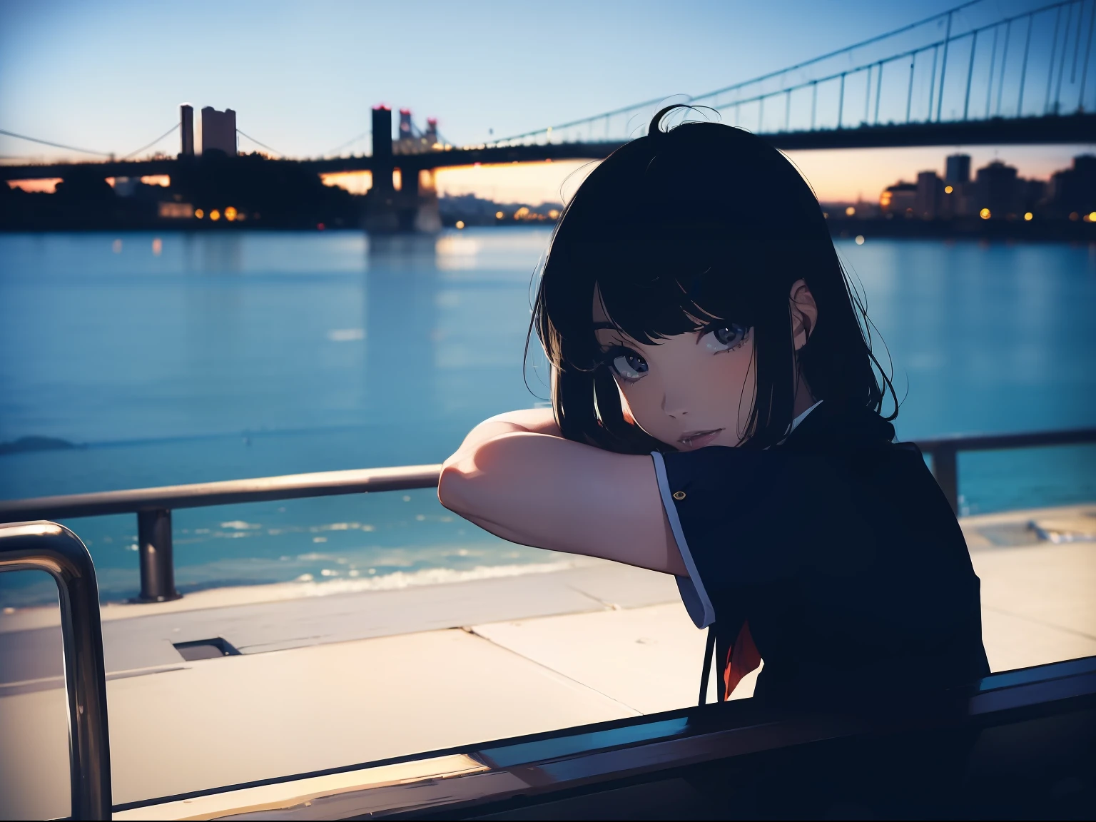 ((((Catch big fish by the lake)))),((Best Quality, masutepiece :1.3)),((( Large Mouth Bus))),hight resolution,ultra-detailliert,Beauty and aesthetics,masterpiece,best qualtiy,(1 woman aged Japan 22),Black hair, long eyeslashes, Solid Circle Eyes, deadpan, drop shadow, Atmospheric perspective,Super Detail, ccurate, small brest,(Black jacket :1.1),top-quality, absurderes:1.2, blurry backround, bokeh dof:1.2, a picture, (masterpiece:1.3), (intricate detailes:1.2), Atmospheric perspective,Super Detail, ccurate,Dynamic composition