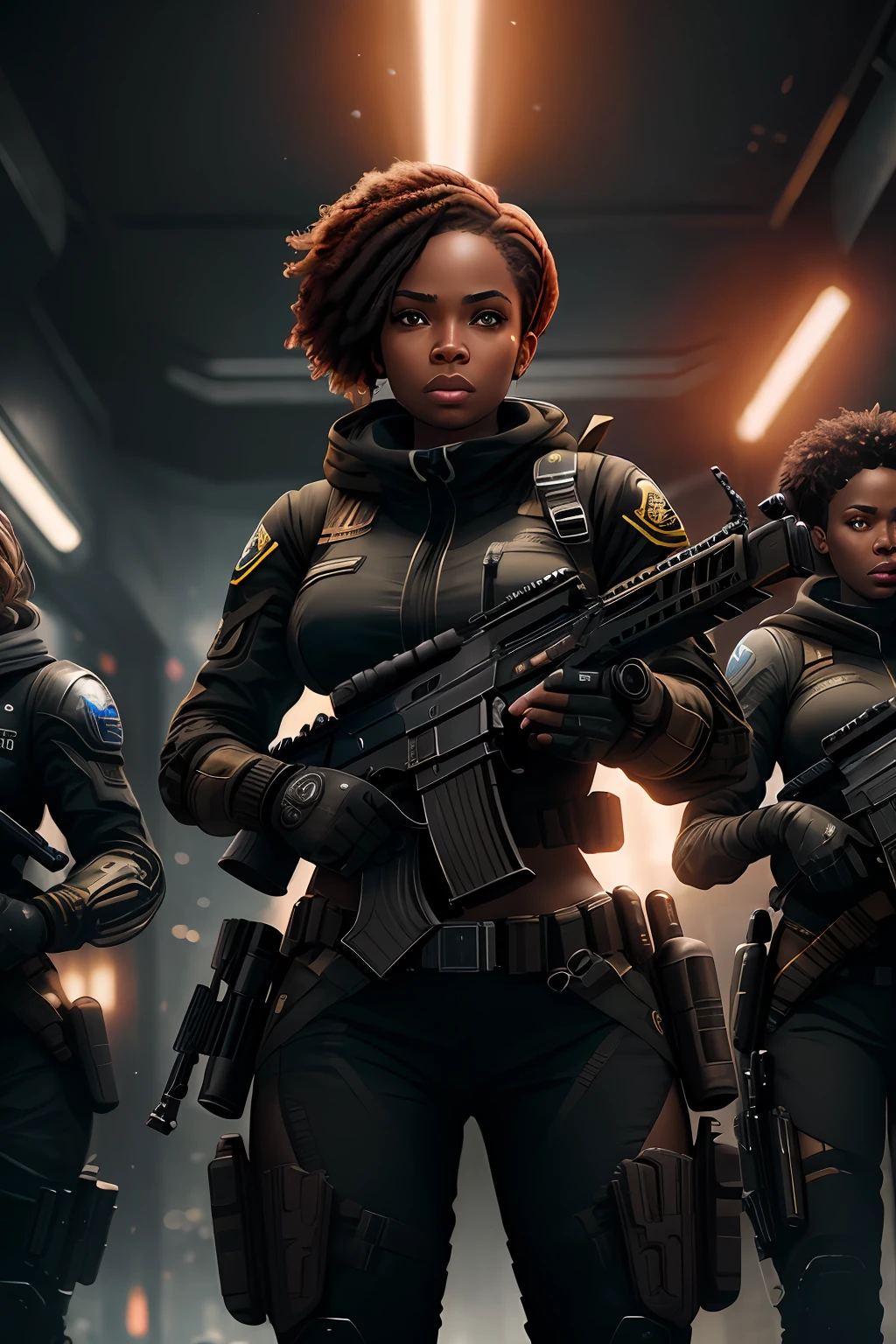 arafed image of a group of black people with guns and a woman, battleground background, moody lighting, with iridescent light, highly-realistic image, cinematic lighting, artgerm style, 32k ultra HD,