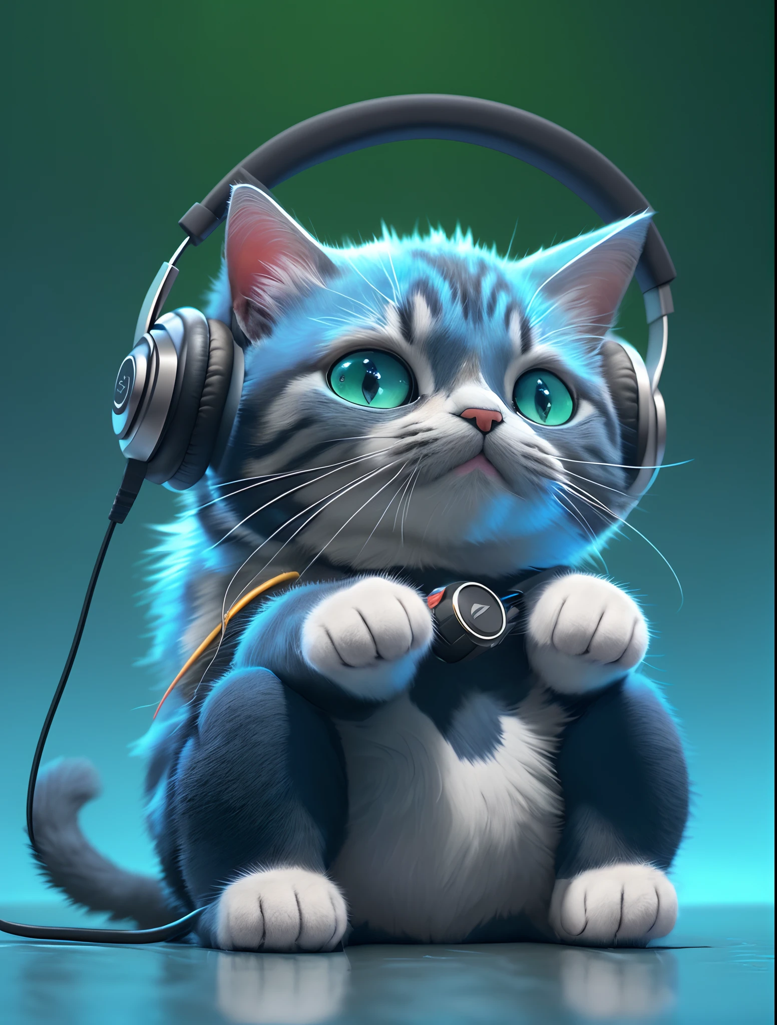 there is a cat with headphones on sitting on a table, painting digital adorable, arte digital detalhada bonito, gato anime, arte digital bonito, bonito 3 d render, Arte digital detalhada em 4k, gato anime realista, Arte digital altamente detalhada em 4k, gatinho chefe mundial, Beeple e Jeremias Ketner, papel de parede 4K, papel de parede 4k, Trending in ArtStation 4K
