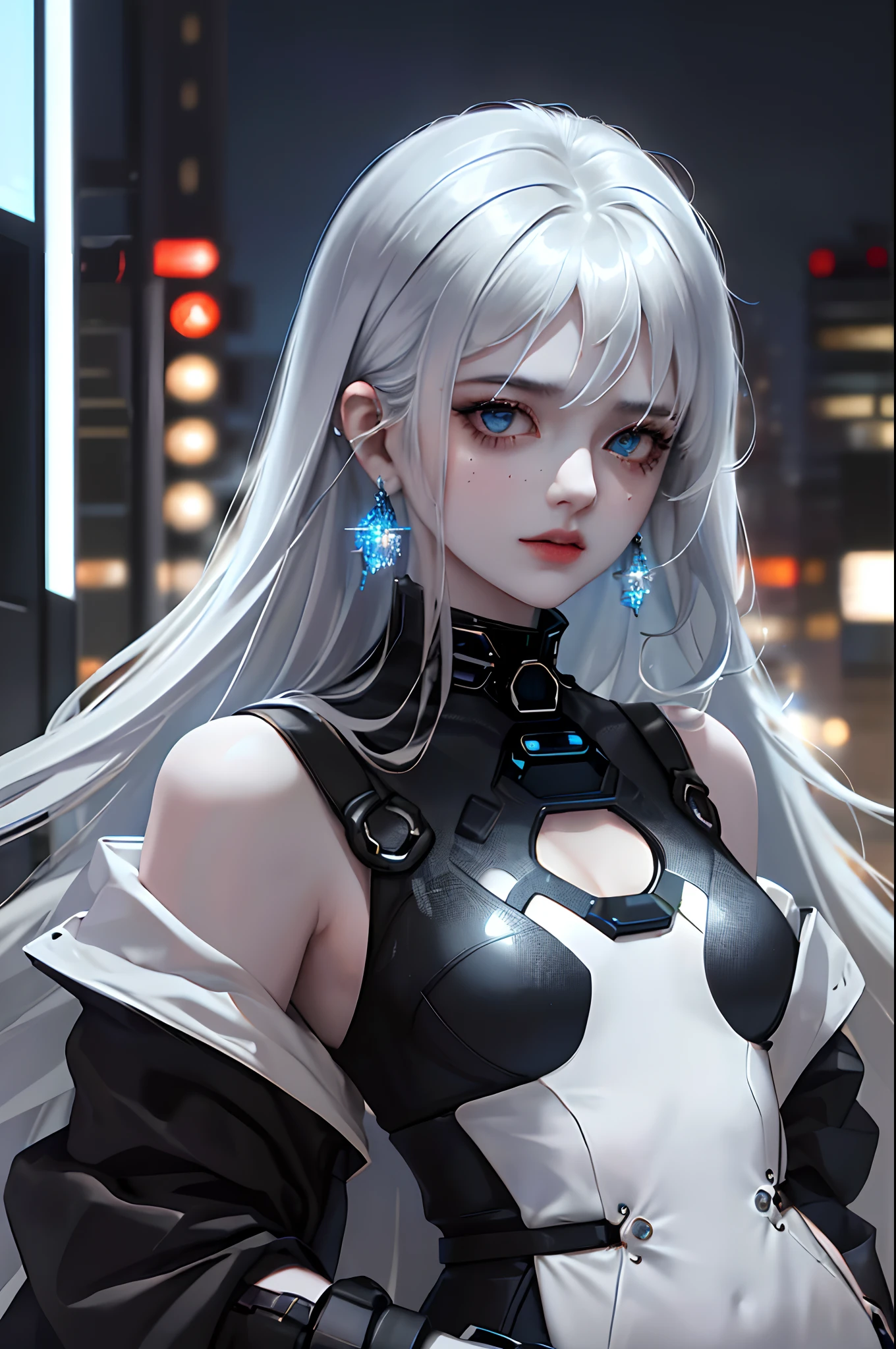 In a neon-lit dystopian cityscape, amidst the flickering holographic billboards and towering metallic structures, stood a remarkable young woman who seemed to embody both grace and power. Her striking appearance immediately drew attention as her long hair cascaded down in shades of light blue and gray, shimmering like a cascade of stardust. Her skin, with a subtle metallic sheen, hinted at a world where technology and biology intertwined in ways unimaginable. Adorned with intricate jewelry that glowed softly with embedded nanolights, she exuded an air of elegance that contrasted sharply with the gritty urban environment around her. Elaborate earrings dangled from her ears, each piece a miniature work of art, reflecting the fusion of artistry and advanced craftsmanship that defined her era. Yet, what truly captured one's gaze was the futuristic grey gun she held with a sense of both familiarity and respect. The gun, an embodiment of cutting-edge engineering, featured sleek lines and a modular design that hinted at its adaptability for various combat scenarios. Its metallic surface seamlessly integrated with the advanced nanotech interface on her wrist, forming a symbiotic relationship between woman and weapon. Standing solo in this unforgiving world, she appeared undaunted by the challenges that surrounded her. Her eyes, a mix of determination and quiet contemplation, betrayed a story of resilience and courage. This was not just a woman with a gun; she was a symbol of the indomitable spirit of humanity, unyielding in the face of adversity. As the city hummed with the low thrum of machinery and the distant echoes of a society in flux, she remained a testament to the capacity of individuals to adapt, survive, and thrive even in the most uncertain of futures.