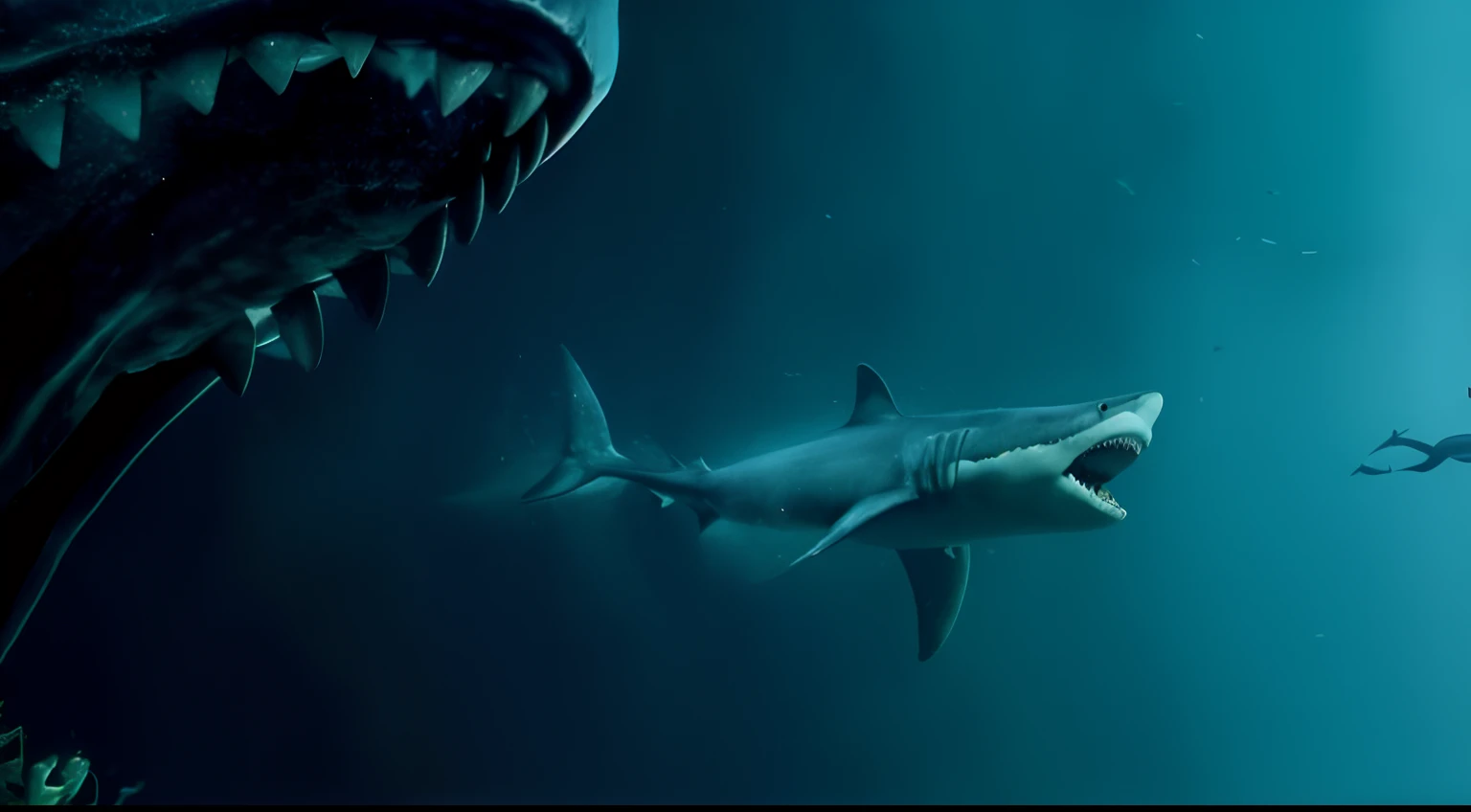 a man swimming next to a shark with a huge mouth, Megalodon, monstro marinho assustador, Horror em Mar Profundo, talassofobia, monstro do mar profundo, in a underwater horror scene, A shark, maxilas, underwater sea monster, meu filho! the jaws that bite, mar escuro profundo, peixes assustadores, horror ", horror", mar profundo