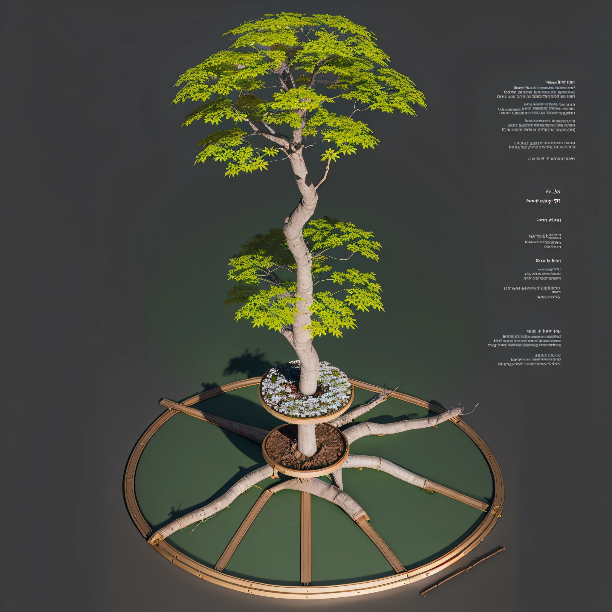 circular oak tree, symetrical, xray of the underground soil with dead leaves, vibrant and beautiful green leaves on the top, owl hole in the trunk, blue print, disassembly diagram, it should look like a patch, surrounded by a circle