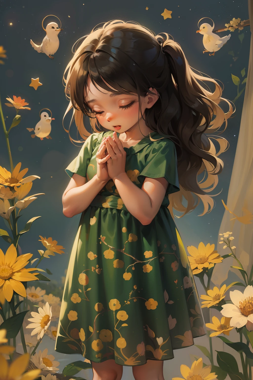 Create an adorable illustration of a 4-year-old girl, com cabelo liso e preto abaixo dos ombros, trajando uma roupa camponesa simples. Ela acorda em seu quarto, deitada, com o sol invadindo sua cabana toda enfeitada com folhas e flores. Use a style of children's illustrations to portray this scene in a simple way, fofa e colorida, highlighting the serenity of the starry night as the girl says her prayer.