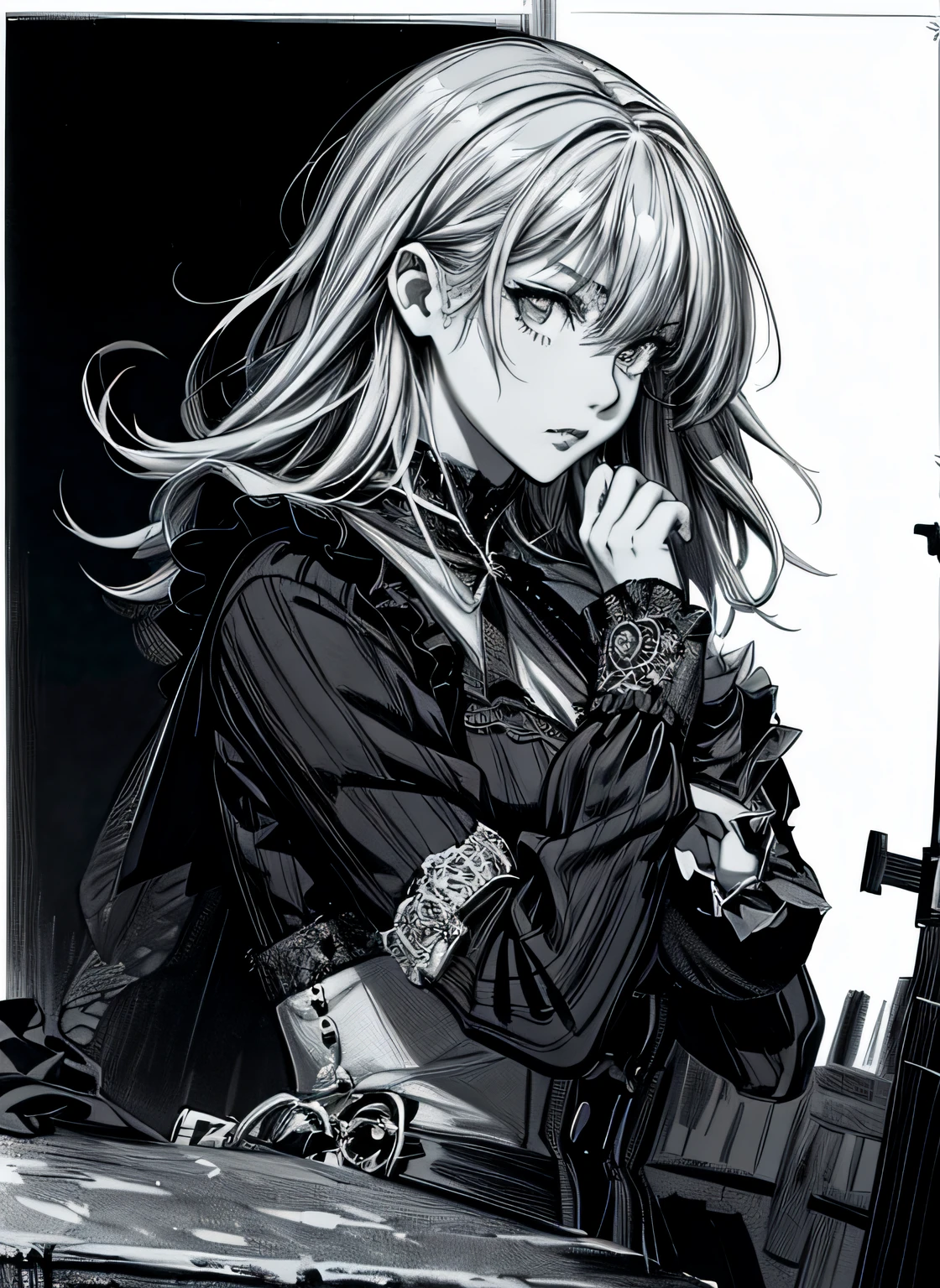 Gothic punk、actionpose、Overflowing、cheerfully、(Manga style)、(Comic Noir Style)、(linear art_Anime)、(black-and-white)、(monotone_strong contrasts)、小柄,Solo_girl, masterpiece, top-quality, beautifully drawn, ighly detailed, Aesthetic painting, (Lora Add Details:1.0),hi-school girl、Straight hair、Long Sleeve Gothic Dress、