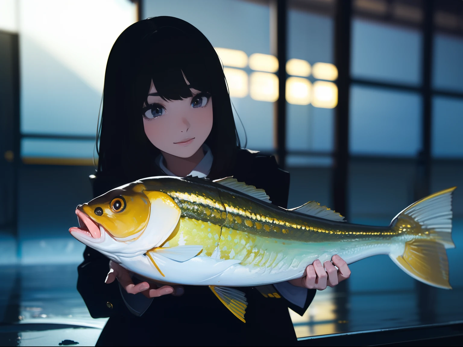 ((((Catching a big fish by the lakeside)))),((Best Quality, masutepiece :1.3)),((( Large Mouth Bass))),hight resolution,ultra-detailliert,Beauty and aesthetics,masterpiece,best qualtiy,(1 woman aged Japan 22),Black hair, long eyeslashes, Solid Circle Eyes, deadpan, drop shadow, Atmospheric perspective,Super Detail, ccurate, small brest,(Black jacket :1.1),top-quality, absurderes:1.2, blurry backround, bokeh dof:1.2, a picture, (masterpiece:1.3), (intricate detailes:1.2), Atmospheric perspective,Super Detail, ccurate,Dynamic composition
