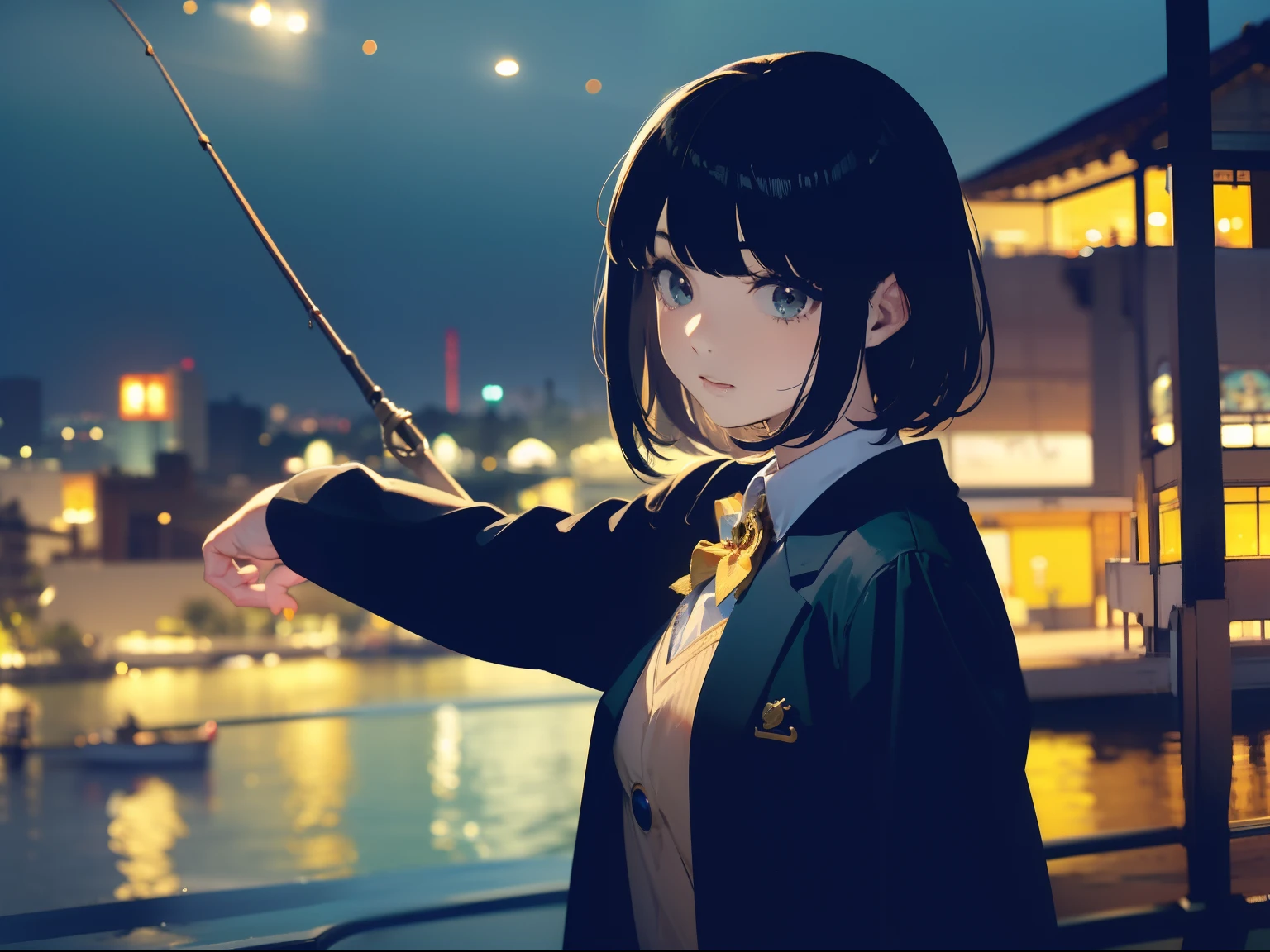 ((((Catching a big fish by the lakeside)))),((Best Quality, masutepiece :1.3)),((( Large Mouth Bass))),hight resolution,ultra-detailliert,Beauty and aesthetics,masterpiece,best qualtiy,(1 woman aged Japan 22),Black hair, long eyeslashes, Solid Circle Eyes, deadpan, drop shadow, Atmospheric perspective,Super Detail, ccurate, small brest,(Black jacket :1.1),top-quality, absurderes:1.2, blurry backround, bokeh dof:1.2, a picture, (masterpiece:1.3), (intricate detailes:1.2), Atmospheric perspective,Super Detail, ccurate,Dynamic composition