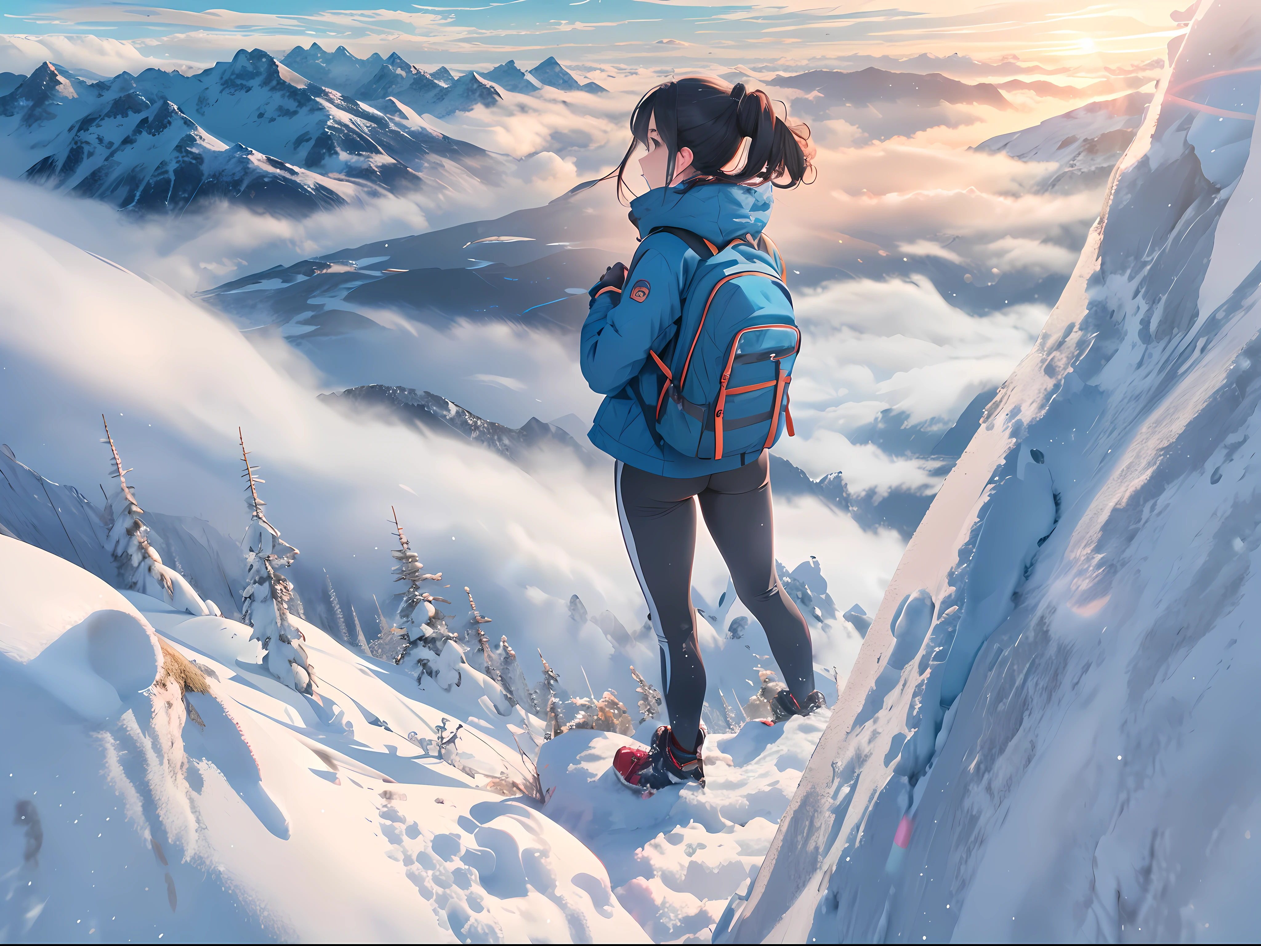 (masterpiece:1.0), (best quality:1.0),(ultra detailed:1.0), 1girl,black hair,hair bun,blue jacket,climbing uniform,snow jacket,winter clothes,backpack,mountain,sunrise,sea of clouds,(looking away,from behind,looking ahead:1.4)