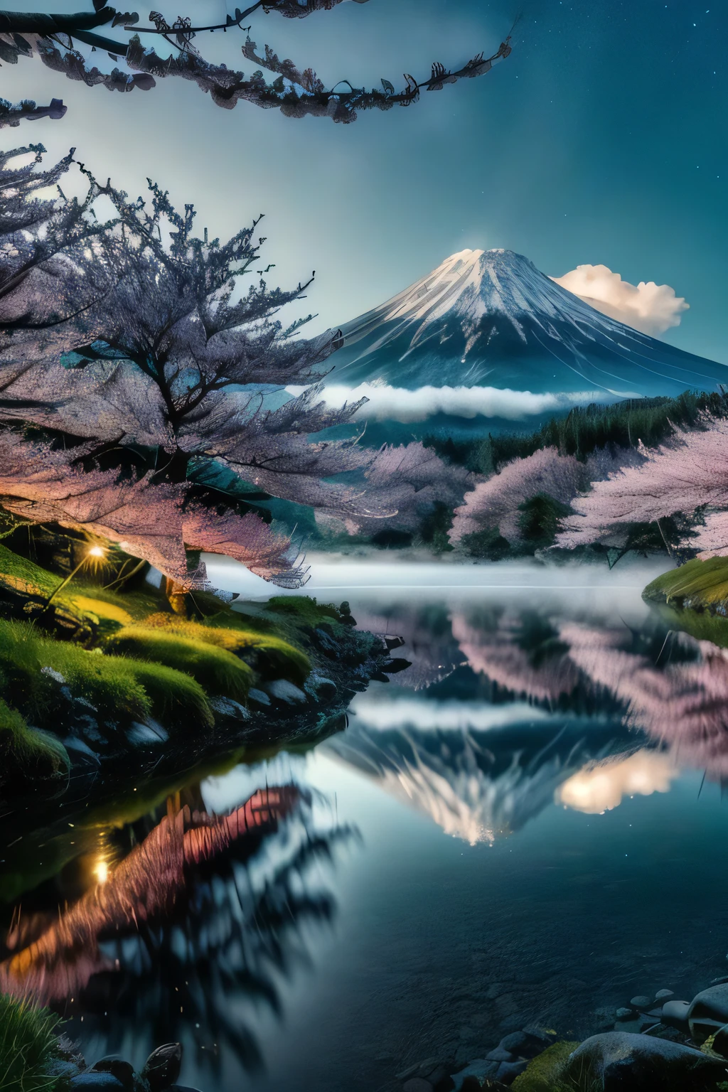 official art, RAW photo of a landscape, small details, (photorealistic:1.4), ultra-realistic photo, 8k uhd, dslr, high quality, film grain, Fujifilm XT3, (masterpiece), Mt.fuji, (solo:1.4), snow-capped mountain, lush green mountain slope, clouds billowing over the mountain slopes, (a lot of cherry blossom:1.3), (sunset), deep forests, several lakes, (mist drifting over the lake:1.2), milky way, twinkling stars, wide-angle,