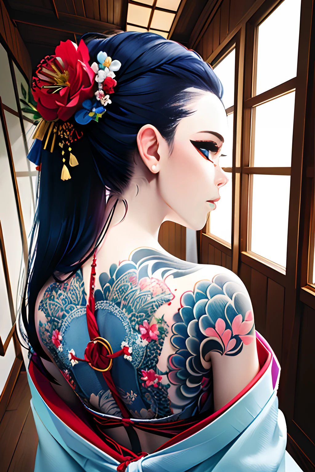 (masterpiece, top quality, best quality, official art, beautiful and aesthetic:1.2),1girl, tattoo, solo, japanese clothes, hair ornament, unsheathing, black hair, sheath, back tattoo, blue eyes, off shoulder, bare shoulders, looking back, from behind, flower, looking at viewer, holding, makeup,
indoor,