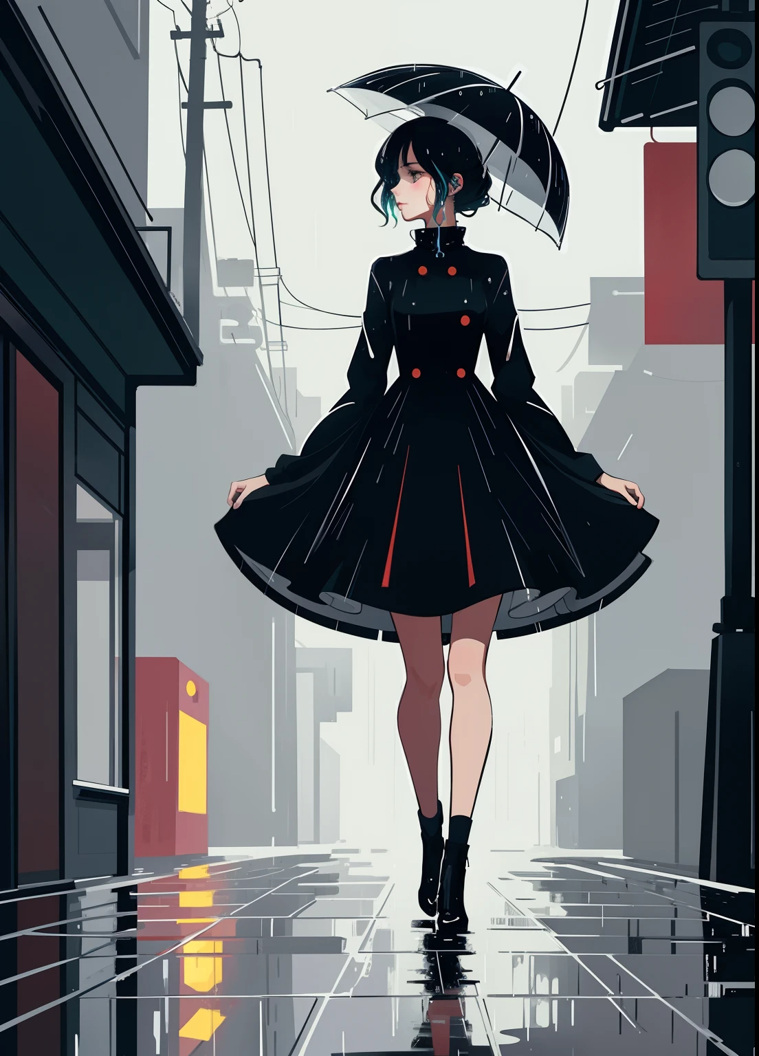 cute aesthetic illustration, flat anime, stylized digital art, (elegant woman standing in the rain, focused, wet), colorful style