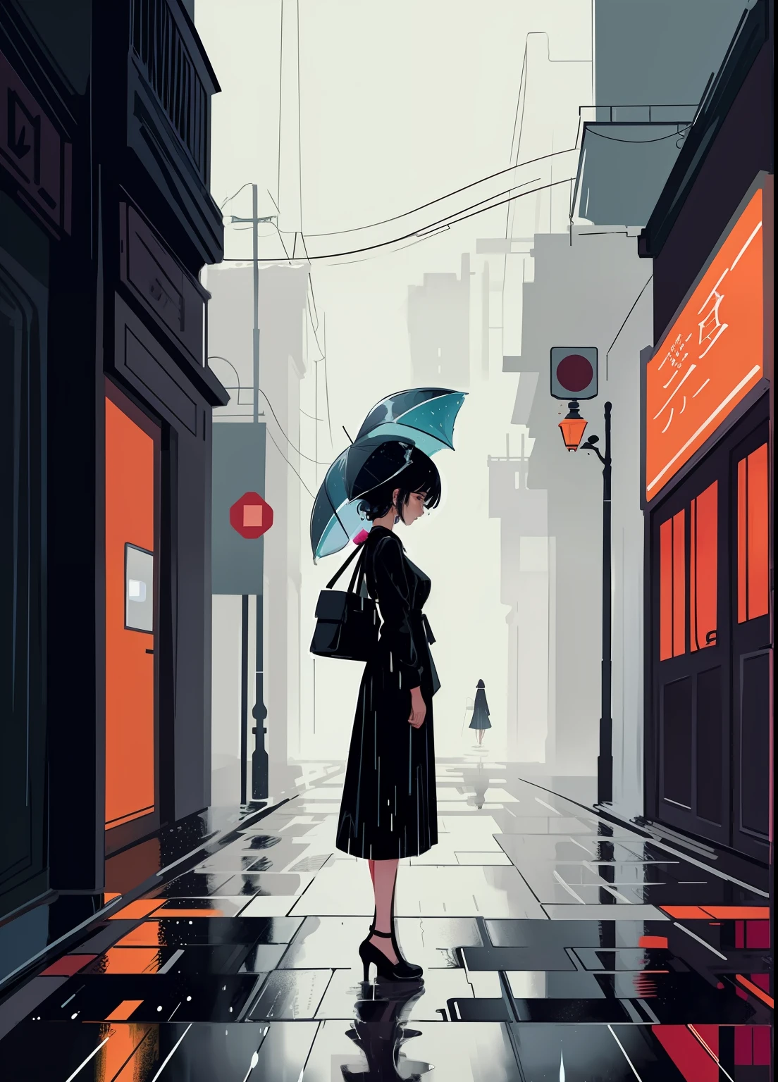 cute aesthetic illustration, flat anime, stylized digital art, (elegant woman standing in the rain, focused, wet), colorful style