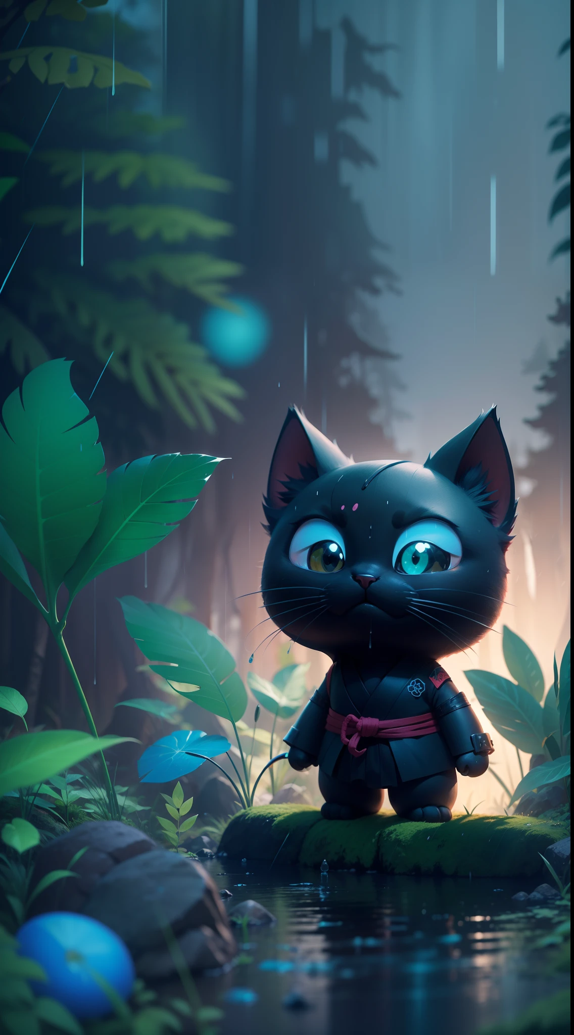 Create a vibrant dark fantasy cute ninja CAT in a clean-lined minimalistic cartoon style, in the background a beautiful forest, rain, octane render, 8k