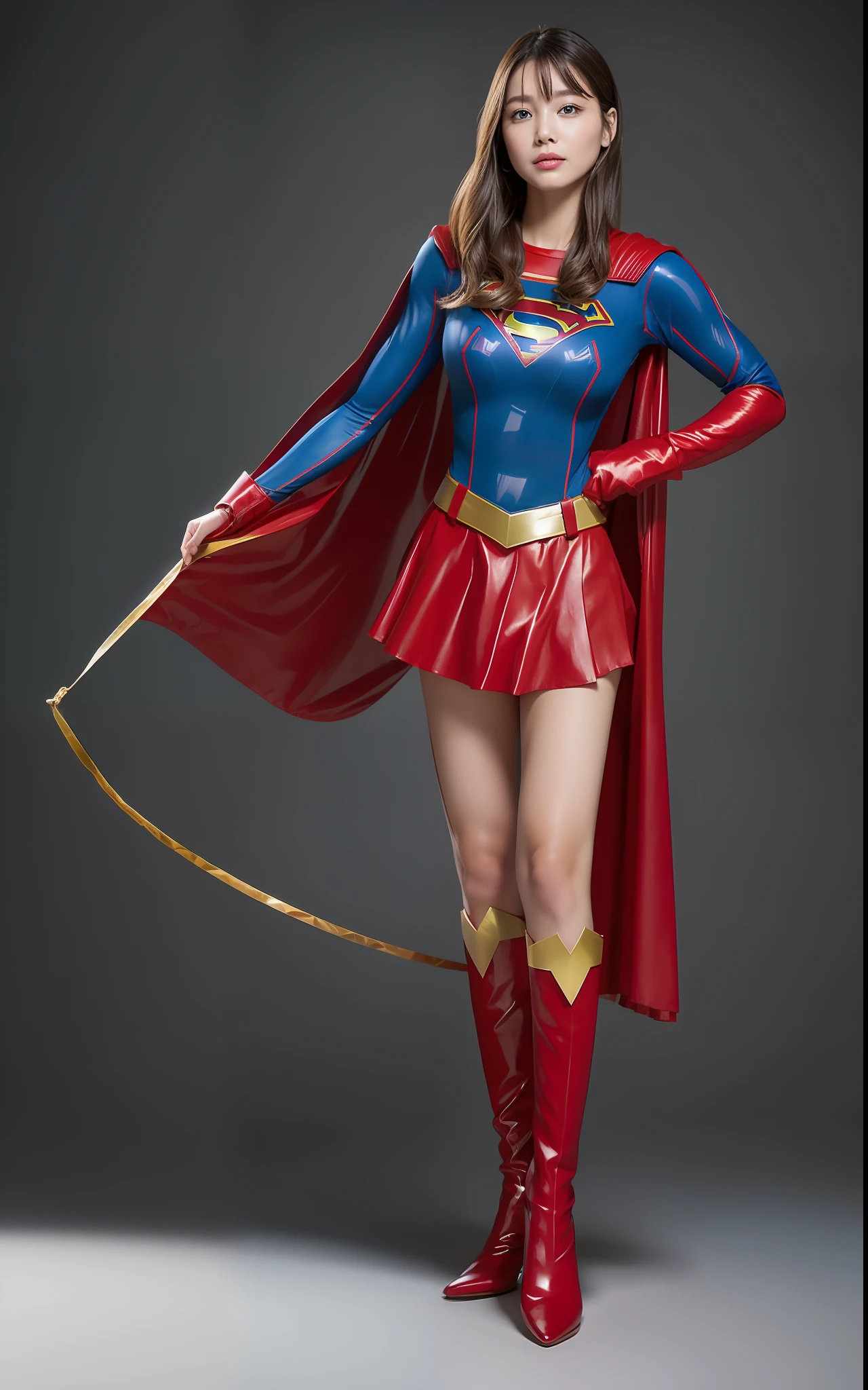 (((Make the most of the original image)))、(((Supergirl Costume)))、((Stockings are torn))、((Top image quality、8K))、((top-quality、8K、​masterpiece:1.3))、Crisp focus:1.2、Beautiful woman with perfect body shape:1.4、Slender Abs:1.2、((layers-Cut、large boob:1.2))、a wet body:1.5、Highly detailed facial and skin texture、