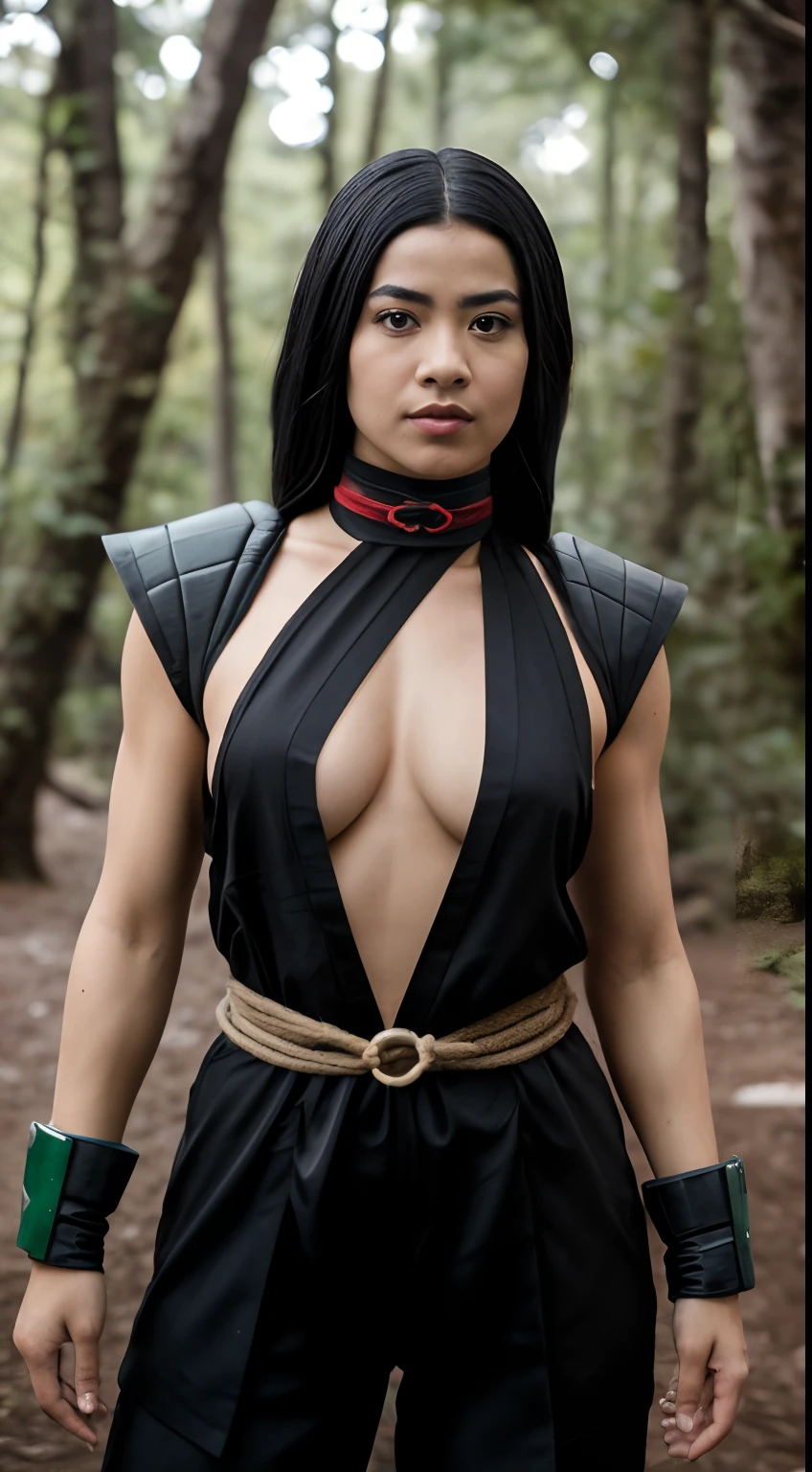 Foto RAW em sequencia, uma foto de uma adolescente anos, ((corpo inteiro)),(((vestindo como cosplay mortal kombat))), rosto detalhado, planos de fundo detalhados pouco desfocados, luzes naturais, HDR, foto realista, foto profissional, flerte com o espectador, visual sexy, fotorrealista, Linda, pele natural, 8k UHD, alta qualidade, filmic grain, Fujifilm XT3