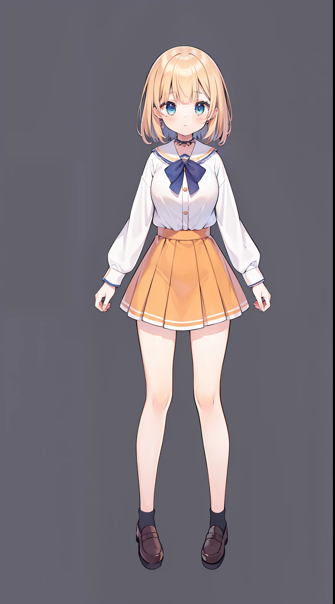 1girl, solo, best quality, ultra detailed, anime girl, Aijou Suranicha, short teal hair, sidebangs, classic bangs, spring cut bangs, shiny ocean blue eyes, big eyes, white long sleeved shirt, orange skirt, brown loafers, long black socks, full body, plain background, standing plainly, arms at sides, body directly facing camera, vtuber-fullbody, vtuber model,