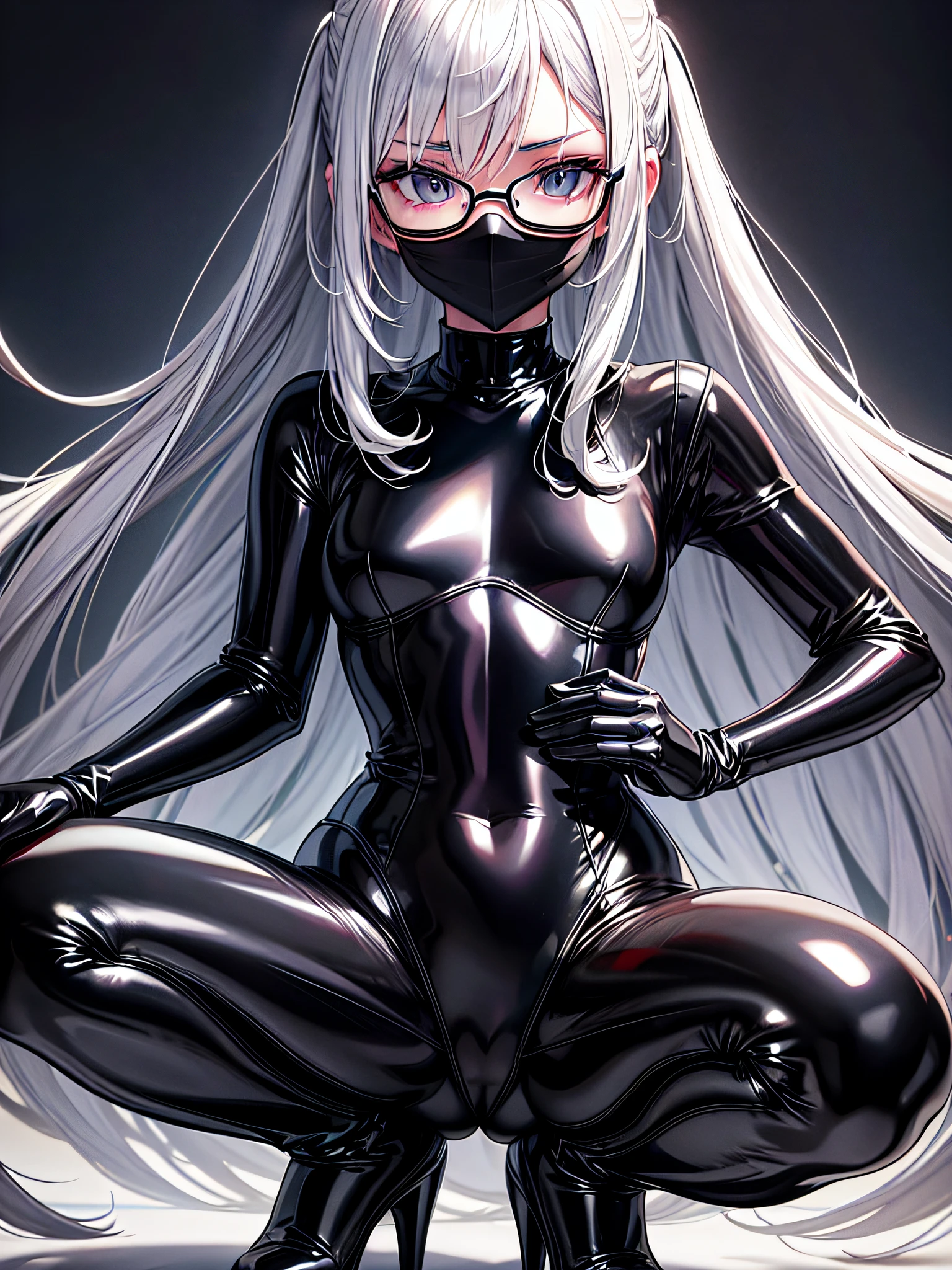 5 8K UHD、Silver-haired and small-nosed beauty in a black shiny black full-body rider suit wearing glasses squatting with her crotch wide open、Wearing a shiny black latex slider suit with hidden skin、Shiny black latex slider suit、Small-nosed beauty looking down expressionless