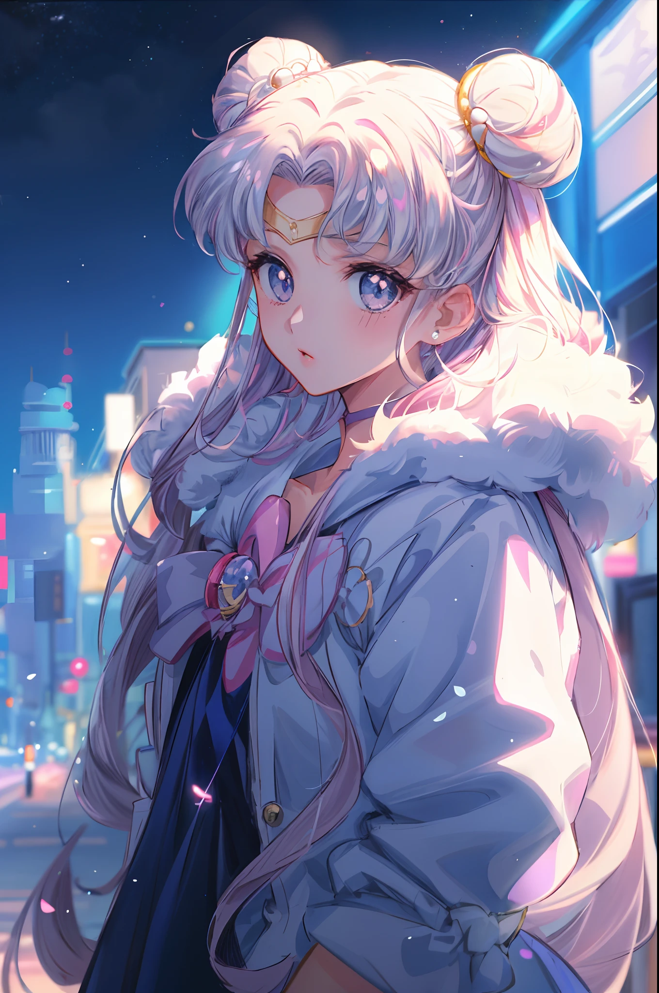 a woman in a white coat and pink top standing on a city street, sailor moon aesthetic, 8 0 s anime vibe, anime vibes, sailor moon, girl, sailor moon,anime aesthetic, 8 0 s anime art style, sailor moon style, retro anime girl, anime style 4 k, 9 0 s anime art style, in the art style of 8 0 s anime, the sailor moon. beautiful