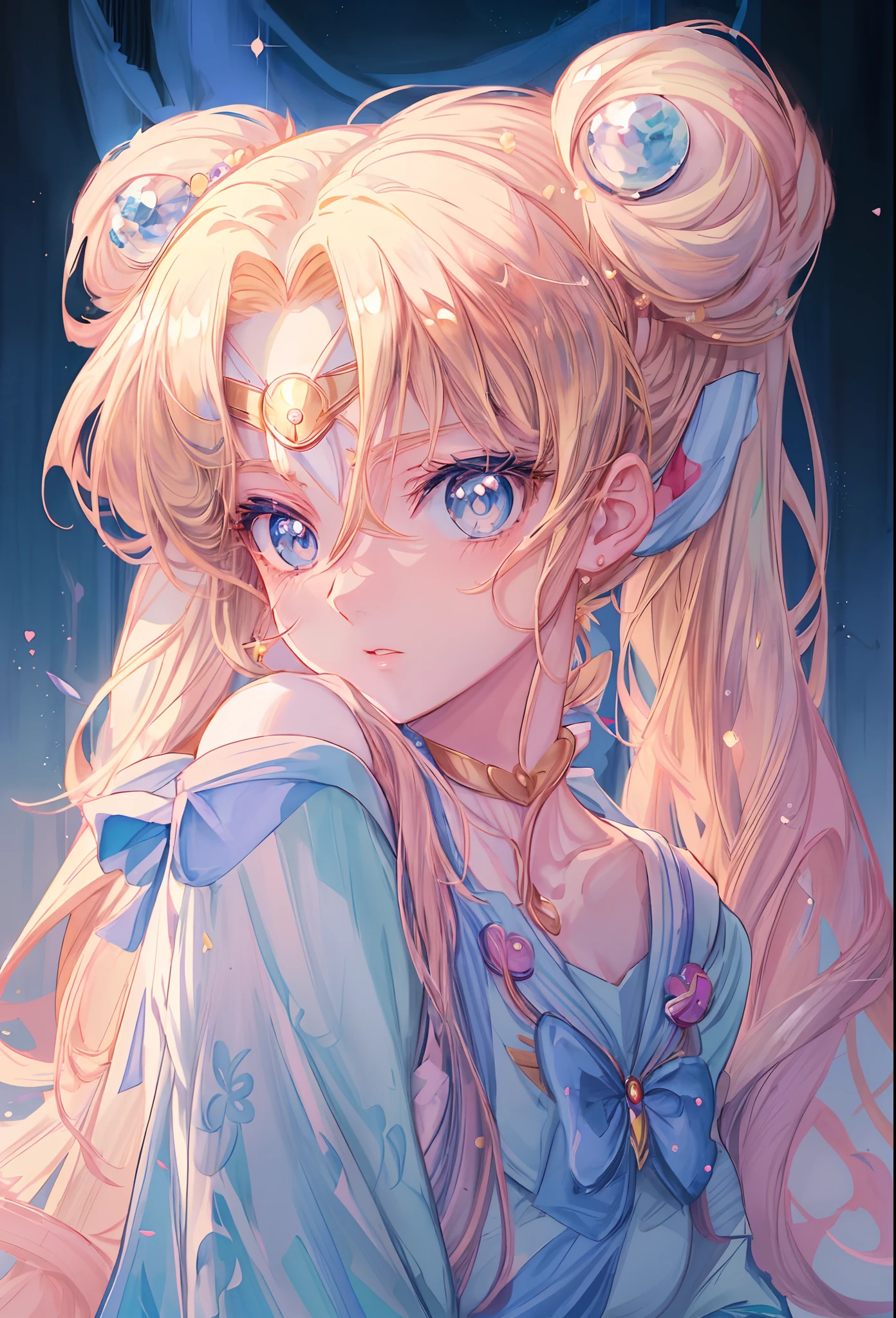 anime girl with long blonde hair and blue eyes wearing a necklace, anime princess, sailor moon aesthetic, the sailor moon. beautiful, portrait of magical girl, clean detailed anime art, beautiful anime art style, blonde - haired princess, beautiful anime art, beautiful anime portrait, high quality anime art, sailor moon style, trending anime art, beautiful anime artwork