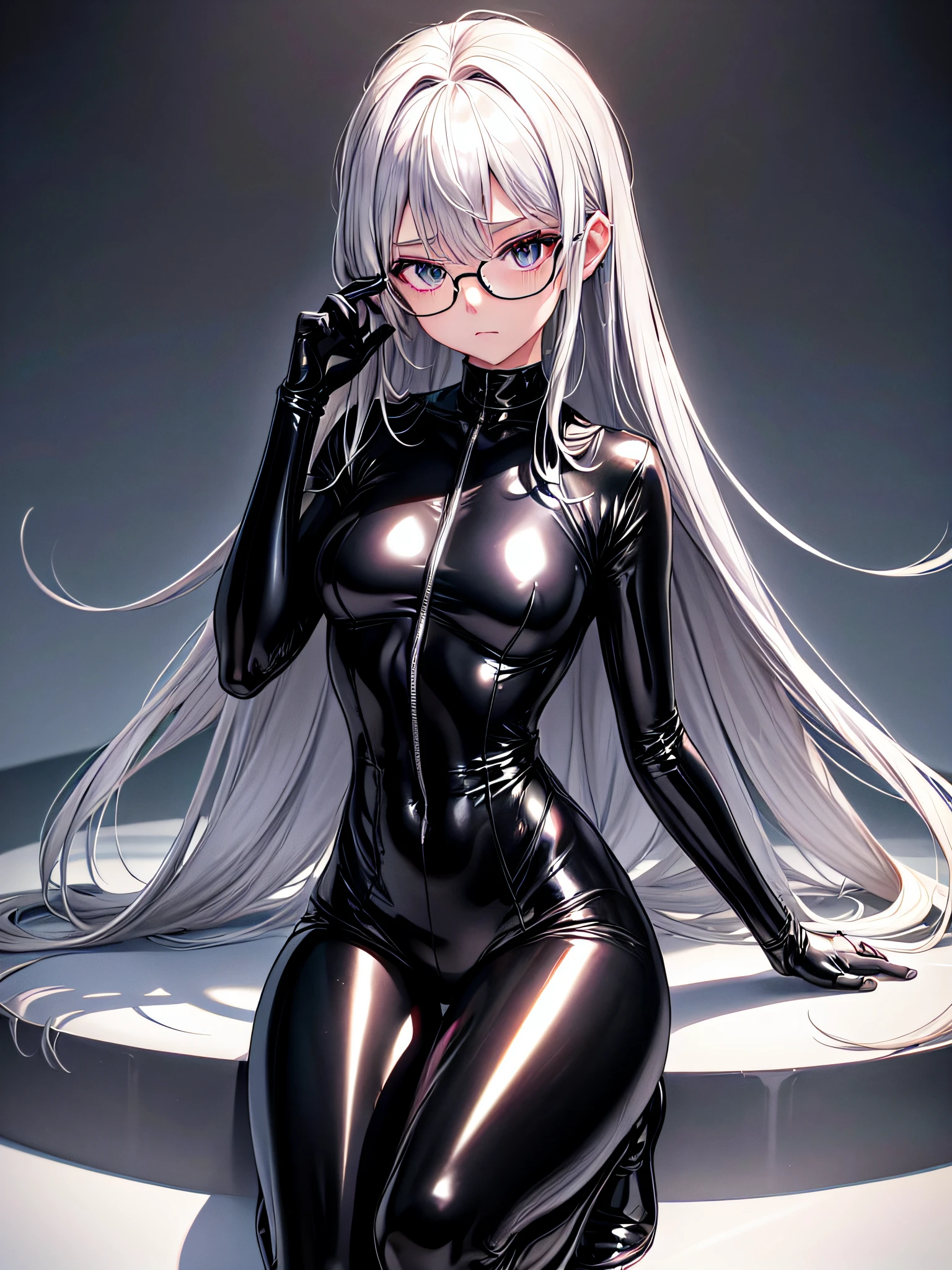 5 8K UHD、Silver-haired and small-nosed beauty in a black shiny black full-body rider suit wearing glasses squatting with her crotch wide open、Wearing a shiny black latex slider suit with hidden skin、Shiny black latex slider suit、Small-nosed beauty looking down expressionless
