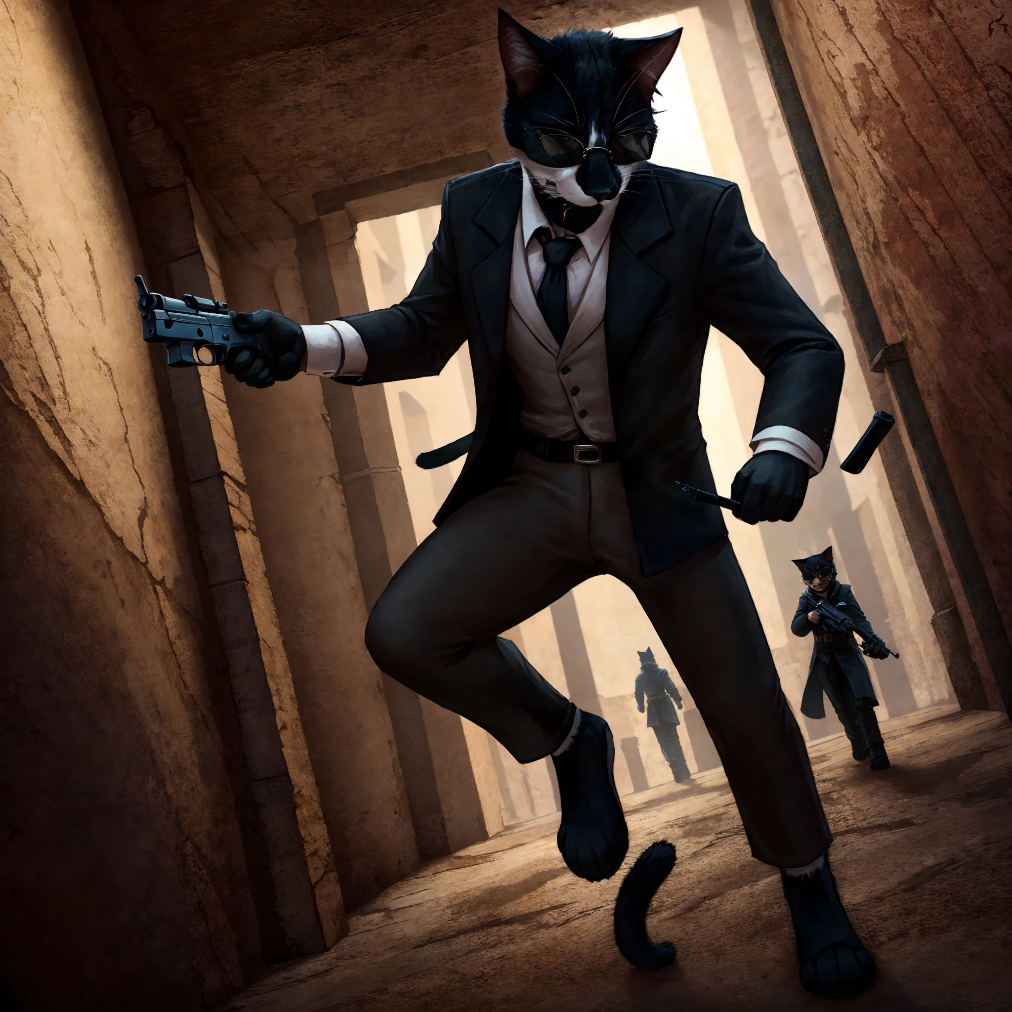 Leo, anthropomorphic black and white cat, cat anatomy, standing upright, wearing solid plain black trench coat, plain black shirt, black_sunglasses:1.2, hissing:1.2, elegant black snakeskin designs on clothes, cute paws for hands, highly detailed, masterpiece, standing in a dark creepy building, action scene, jumping to the right, duel_wielding_pistols:1.3, shooting guns,