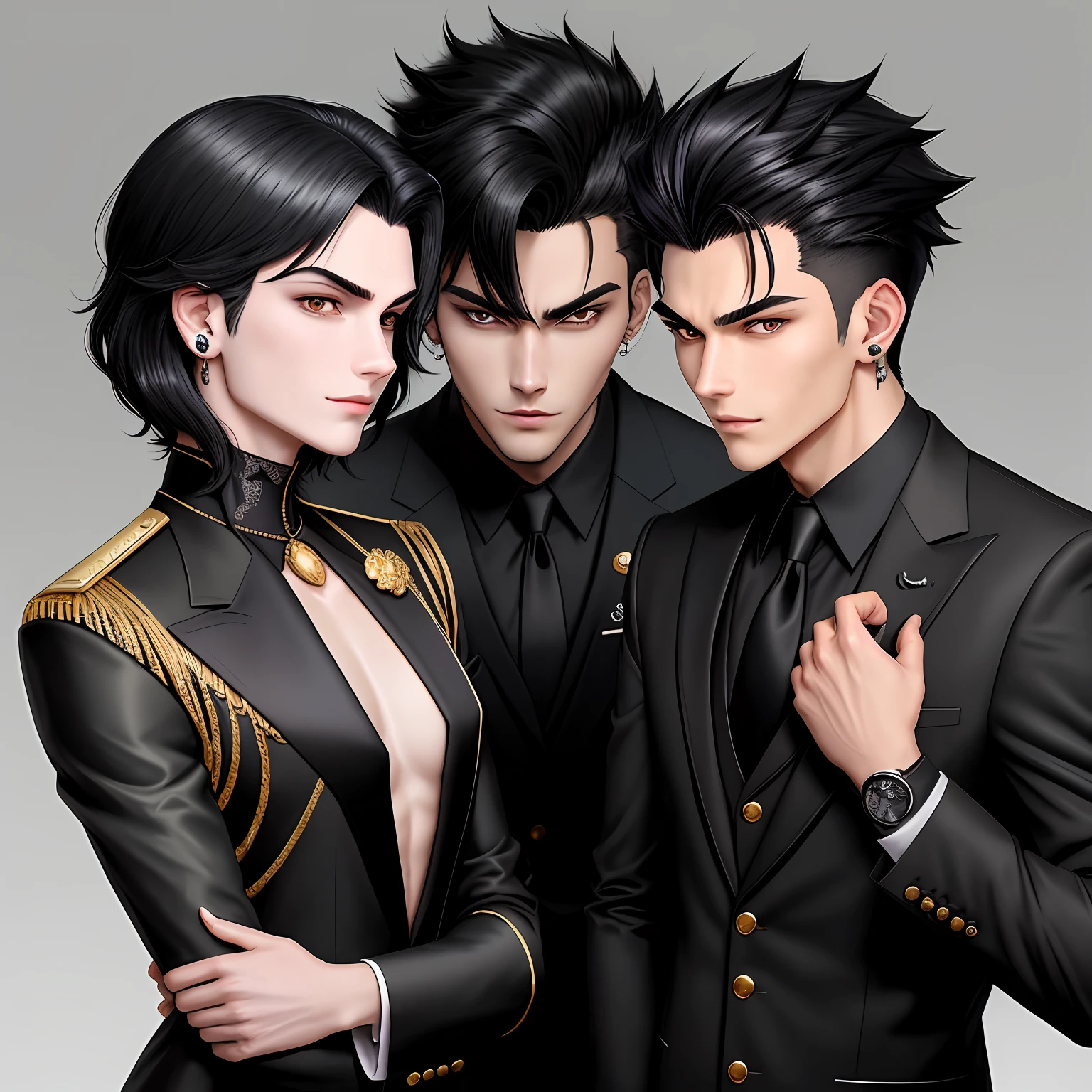 Anime comic style,Crisp black broken hair,On the left ear is a strangely styled stud earring,Some have slightly immature young faces,He is very handsome and handsome,With a half-framed pair of gold wire eyes in front of him,Dressed in a branded black suit,It was tidied up spotlessly,Refined and elegant,A sinister smile