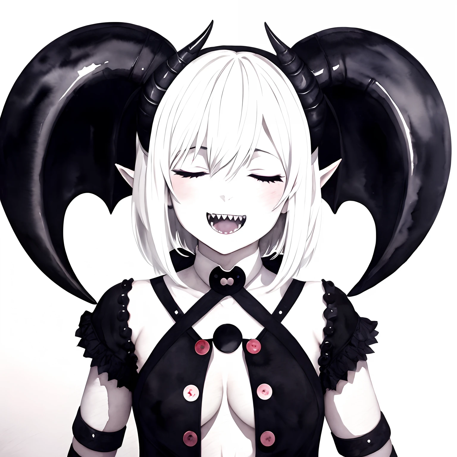 1girl, arms under breasts, black horns, buttons, closed eyes, demon girl, horns, limited palette, open mouth, painting \(medium\), sharp teeth, short hair, smile, teeth, traditional media, watercolor \(medium\), white background, white hair