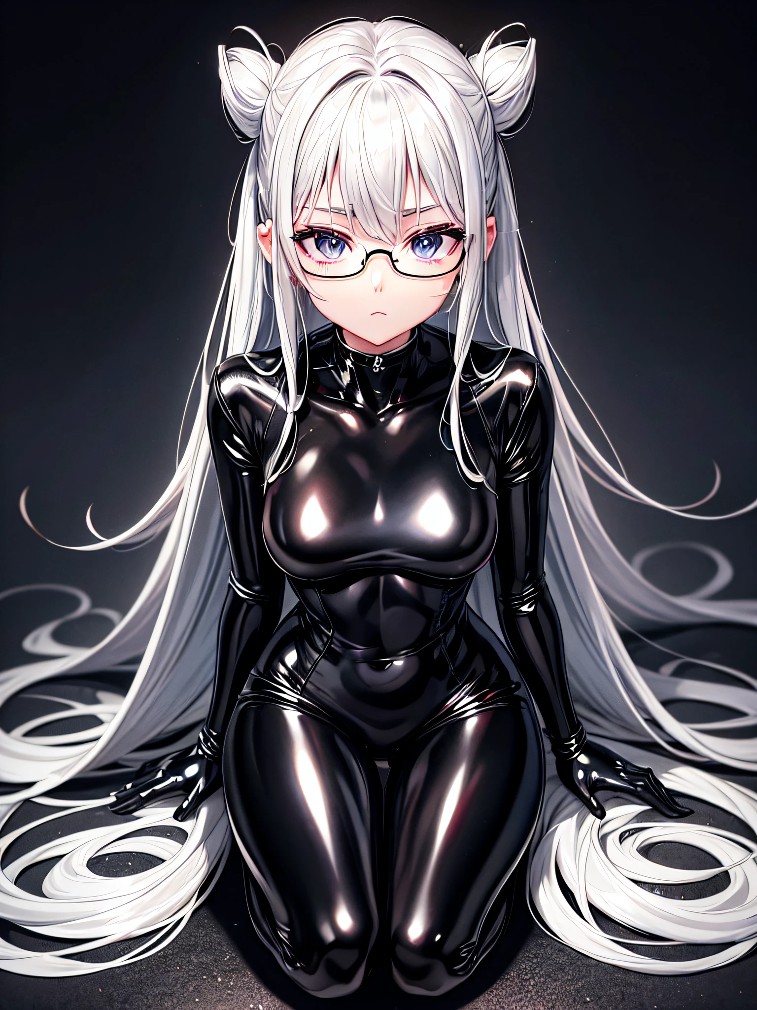5 8K UHD、Silver-haired and small-nosed beauty in a black shiny black full-body rider suit wearing glasses squatting with her crotch wide open、Wearing a shiny black latex slider suit with hidden skin、Shiny black latex slider suit、Small-nosed beauty looking down expressionless