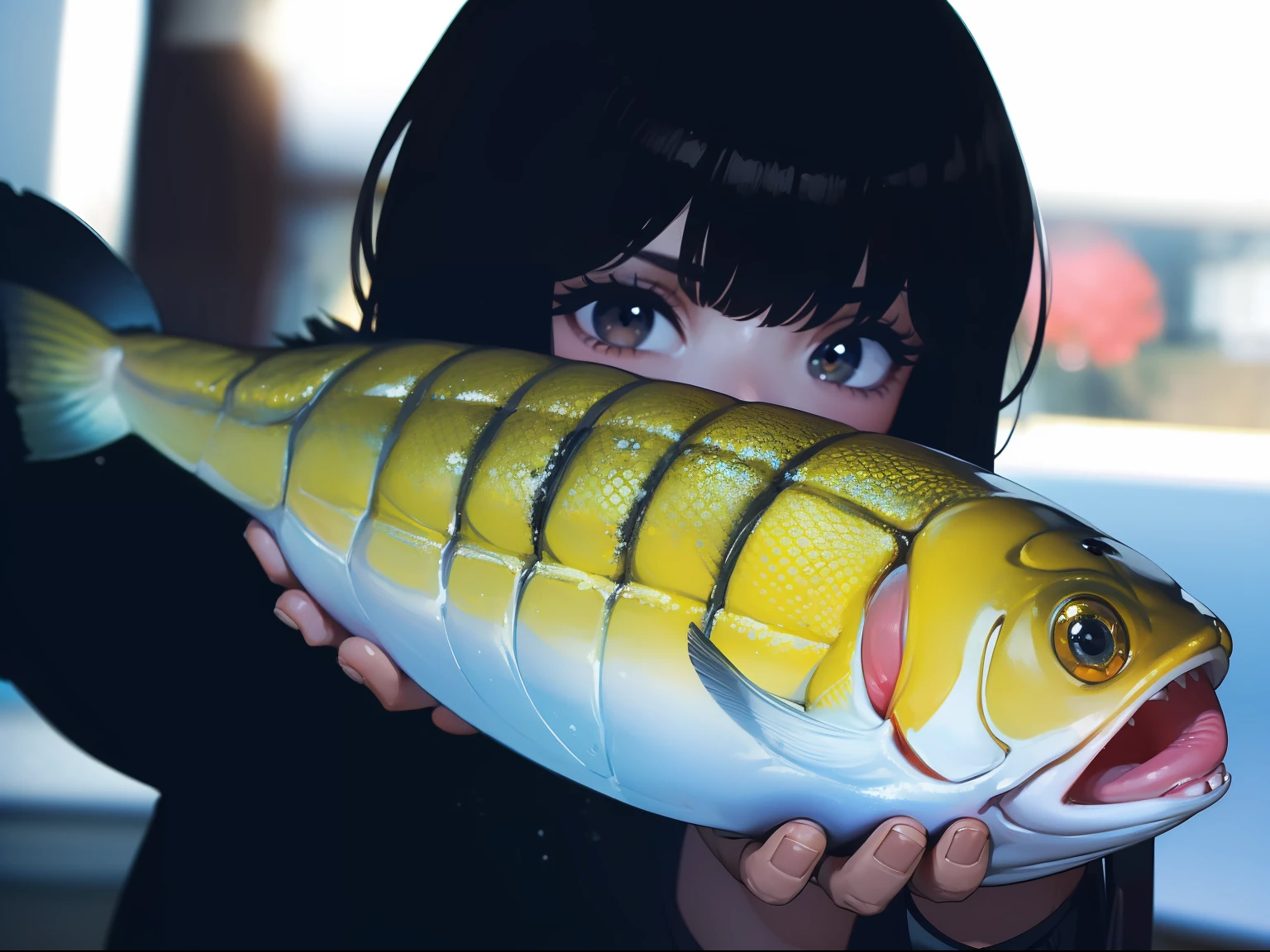 ((((Catching a big fish by the lakeside)))),((Best Quality, masterpiece :1.5)),((( Large Mouth Bass:1.2))),hight resolution,ultra-detailliert,Beauty and aesthetics,​masterpiece,best qualtiy,(1 woman aged Japan 22),Black hair, long eyeslashes, Solid Circle Eyes, deadpan, drop shadow, Atmospheric perspective,Super Detail, ccurate, small brest,(Black jacket :1.1),top-quality, absurderes:1.2, blurry backround, bokeh dof:1.2, a picture, (​masterpiece:1.3), (intricate detailes:1.2), Atmospheric perspective,Super Detail,Dynamic composition