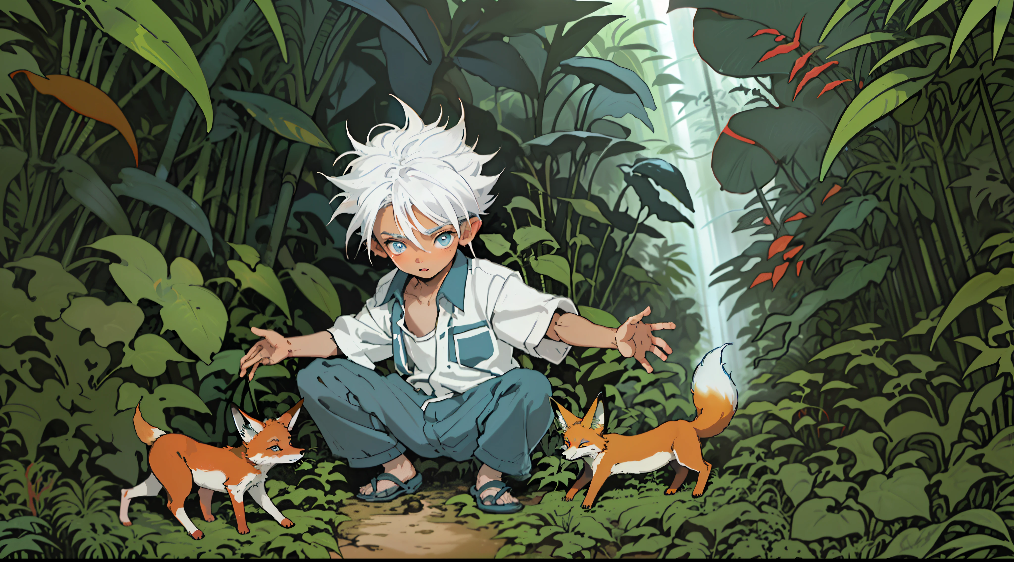 Three sided view, A boy 10 yh white hair and blue eyes playing with a brown monkey in jungle