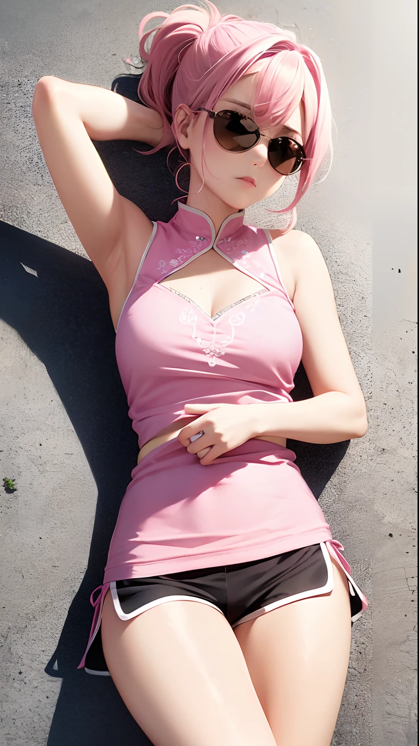 Sleeveless, pink china garment, (delicately embroidered china garment), pink short ponytail, black shorts, pink wristband, black sunglasses