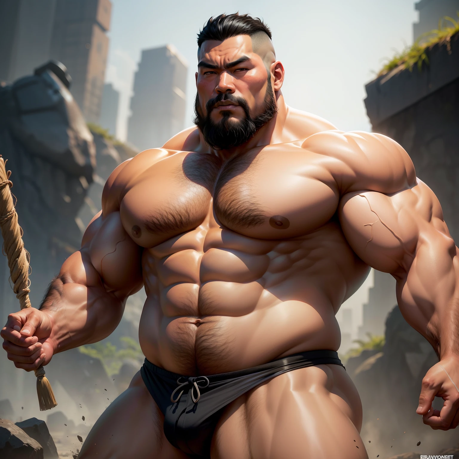 An Asian strong man，no clothes are worn，A small amount of fat，Bronzed skin，Faceless