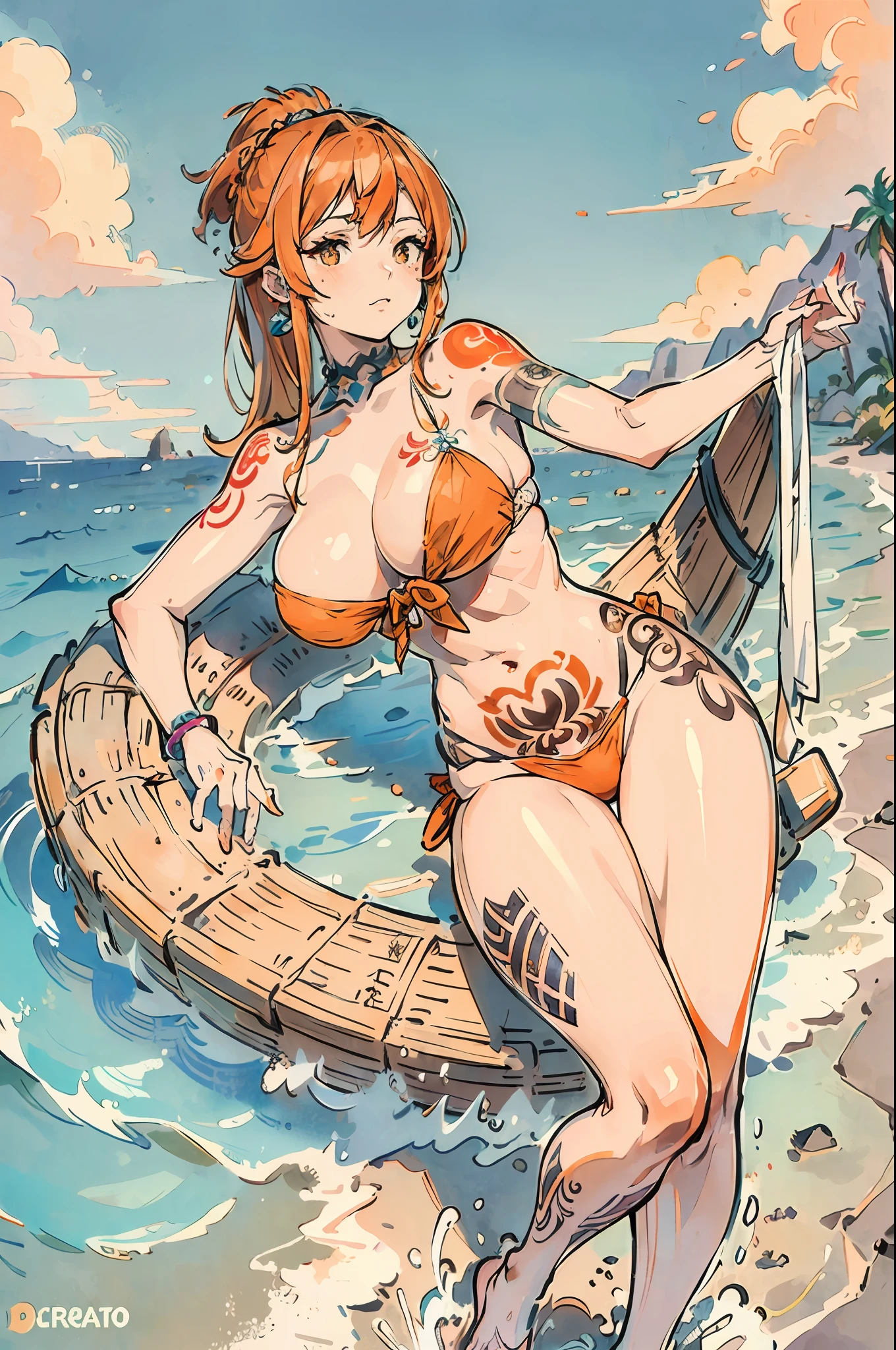 Un barco de lujo y una hermosa mujer bronceada, Cuerpo definido y tatuado tomando el sol en la proa del barco. (La mejor calidad) obra maestra ((body tattoo)) (Big breasts) (orange hair))
