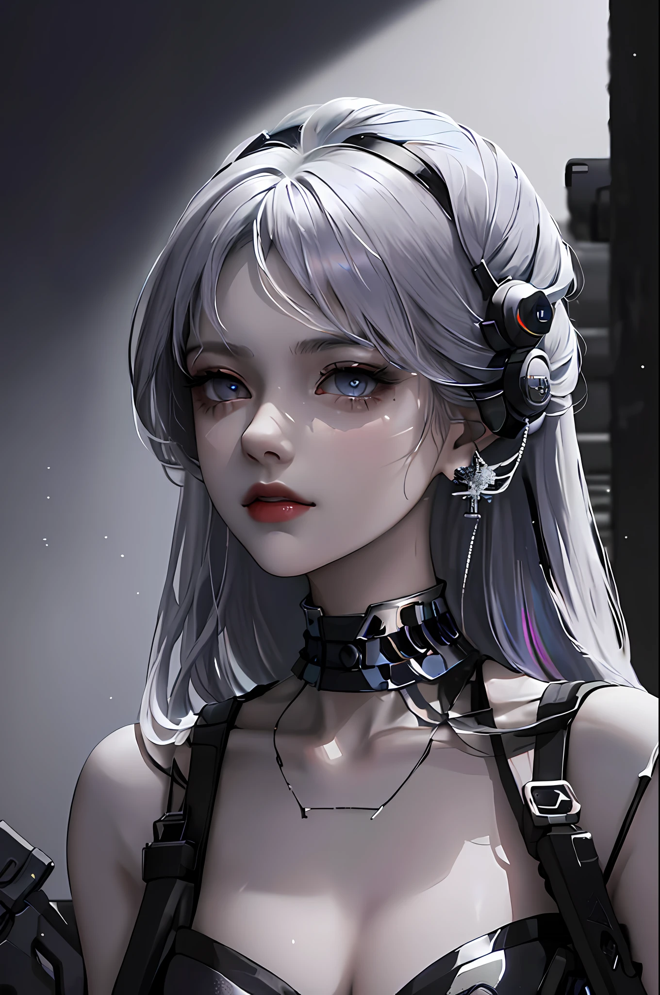 In a neon-lit dystopian cityscape, amidst the flickering holographic billboards and towering metallic structures, stood a remarkable young woman who seemed to embody both grace and power. Her striking appearance immediately drew attention as her long hair cascaded down in shades of light blue and gray, shimmering like a cascade of stardust. Her skin, with a subtle metallic sheen, hinted at a world where technology and biology intertwined in ways unimaginable. Adorned with intricate jewelry that glowed softly with embedded nanolights, she exuded an air of elegance that contrasted sharply with the gritty urban environment around her. Elaborate earrings dangled from her ears, each piece a miniature work of art, reflecting the fusion of artistry and advanced craftsmanship that defined her era. Yet, what truly captured one's gaze was the futuristic grey gun she held with a sense of both familiarity and respect. The gun, an embodiment of cutting-edge engineering, featured sleek lines and a modular design that hinted at its adaptability for various combat scenarios. Its metallic surface seamlessly integrated with the advanced nanotech interface on her wrist, forming a symbiotic relationship between woman and weapon. Standing solo in this unforgiving world, she appeared undaunted by the challenges that surrounded her. Her eyes, a mix of determination and quiet contemplation, betrayed a story of resilience and courage. This was not just a woman with a gun; she was a symbol of the indomitable spirit of humanity, unyielding in the face of adversity. As the city hummed with the low thrum of machinery and the distant echoes of a society in flux, she remained a testament to the capacity of individuals to adapt, survive, and thrive even in the most uncertain of futures.