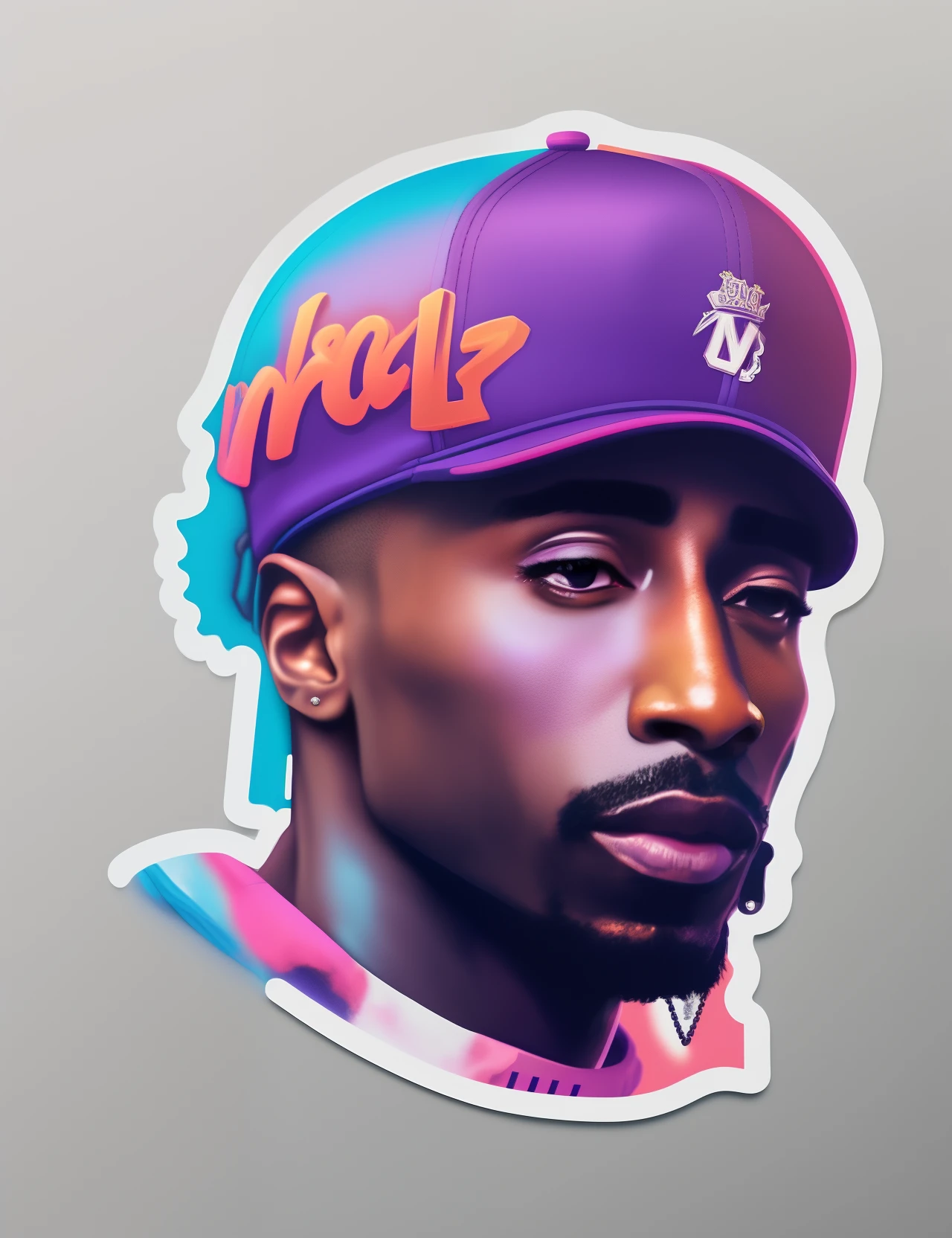 a close up of a man wearing a hat with a purple and pink design, 8k resolution. tupac, tupac shakur, tupac, high quality portrait, extremely high quality artwork, hip hop vaporwave, vibrant fan art, mkbhd, 1 : 1 hyper illustration, 2d portrait, in style of digital illustration, high quality artwork, epic portrait illustration